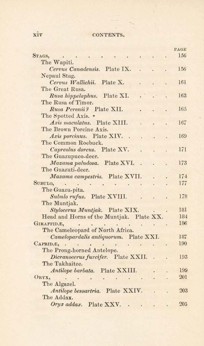 PAGE Stags, 156 The Wapiti. Cervus Canadensis. Plate IX. . . . 156 Nepaul Stag. Cervus Wallichii. Plate X. . . . 161 The Great Rusa. Rusa hippelaphus. Plate XI. . . . 163 The Rusa of Timor. Rusa Peronii? Plate XII. . . . 165 The Spotted Axis. • Axis maculatus. Plate XIII. . . . 167 The Brown Porcine Axis. Axis porcinus. Plate XIV 169 The Common Roebuck. Capreolus dorcus. Plate XV. . . . 171 The Guazupuco-deer. Mazama paludosa. Plate XVI. . . . 173 The Guazuti-deer. Mazama campestris. Plate XVII. . . 174 Subulo, 177 The Guazu-pita. Subulo rufus. Plate XVIII. . . . 178 The Muntjak. Stylocerus Muntjak. Plate XIX. . . 181 Head and Horns of the Muntjak. Plate XX. 184 GlRAFFimE, 186 The Cameleopard of North Africa. Camelopardalis antiquorum. Plate XXI. 187 Capridje, 190 The Prong-horned Antelope. Dicranocerus furcifer. Plate XXII. . . 193 The Takhaitze. Antilope barbata. Plate XXIII. . . 199 Oryx, 201 The Algazel. Antilope besoartria. Plate XXIV. . , 203 The Addax. Oryx addax. Plate XXV 205