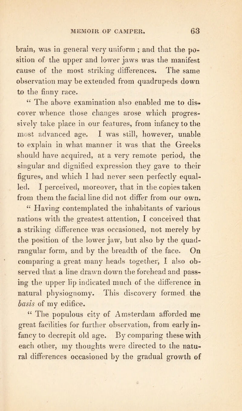 brain, was in general very uniform ; and that the po- sition of the upper and lower jaws was the manifest cause of the most striking: differences. The same observation may be extended from quadrupeds down to the finny race. “ The above examination also enabled me to dis- cover whence those changes arose which progres- sively take place in our features, from infancy to the most advanced age. I was still, however, unable to explain in what manner it was that the Greeks should have acquired, at a very remote period, the singular and dignified expression they gave to their figures, and which I had never seen perfectly equal- led. I perceived, moreover, that in the copies taken from them the facial line did not differ from our own. “ Having contemplated the inhabitants of various nations with the greatest attention, I conceived that a striking difference was occasioned, not merely by the position of the lower jaw, but also by the quad- rangular form, and by the breadth of the face. On comparing a great many heads together, I also ob- served that a line drawn down the forehead and pass- ing the upper lip indicated much of the difference in natural physiognomy. This discovery formed the basis of my edifice. “ The populous city of Amsterdam afforded me great facilities for further observation, from early in- fancy to decrepit old age. By comparing these with each other, my thoughts were directed to the natu- ral differences occasioned by the gradual growth of