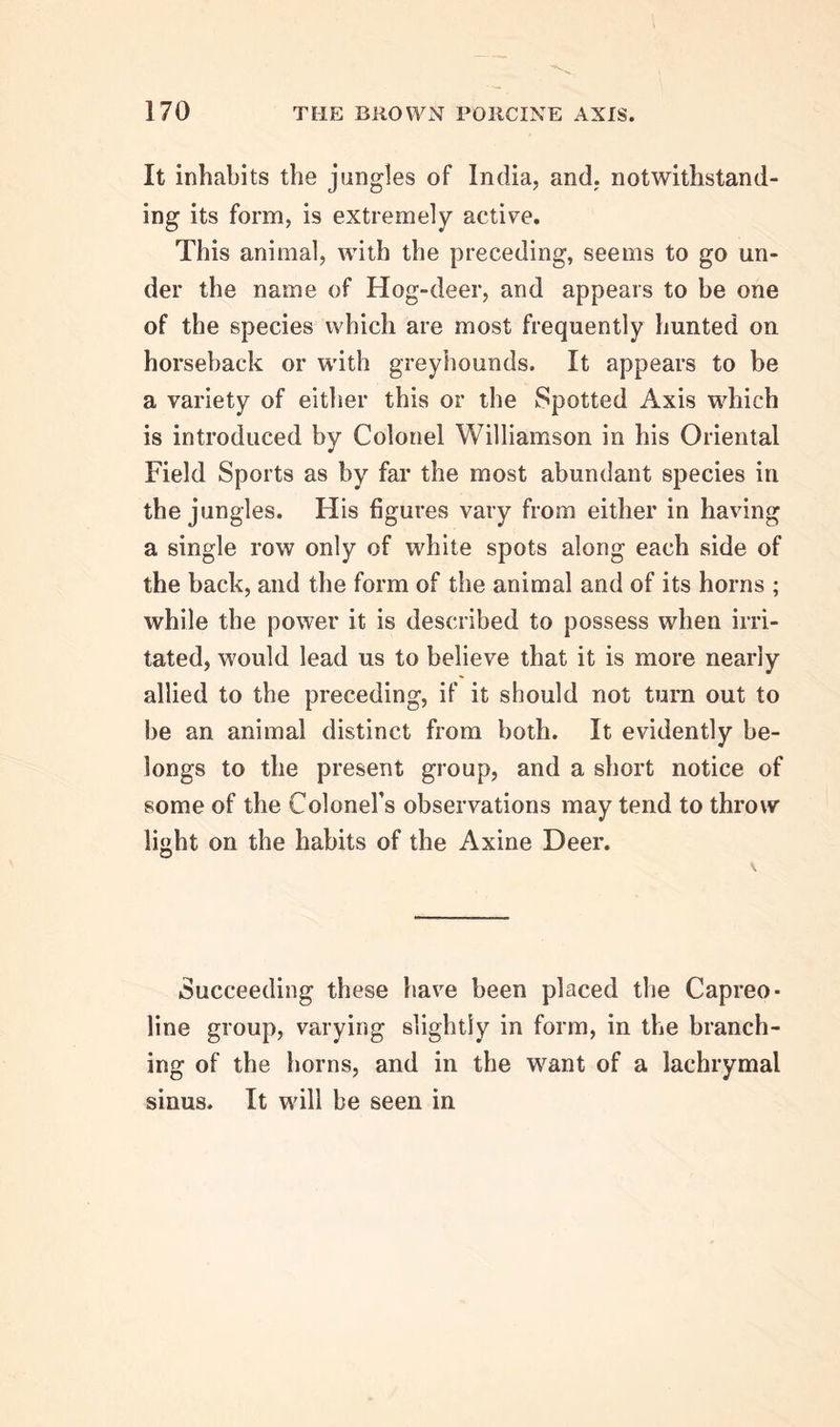 It inhabits the jangles of India, and, notwithstand- ing its form, is extremely active. This animal, with the preceding, seems to go un- der the name of Hog-deer, and appears to be one of the species which are most frequently hunted on horseback or with greyhounds. It appears to be a variety of either this or the Spotted Axis which is introduced by Colonel Williamson in his Oriental Field Sports as by far the most abundant species in the jungles. His figures vary from either in having a single row only of white spots along each side of the back, and the form of the animal and of its horns ; while the power it is described to possess when irri- tated, would lead us to believe that it is more nearly allied to the preceding, if it should not turn out to be an animal distinct from both. It evidently be- longs to the present group, and a short notice of some of the Colonel’s observations may tend to throw light on the habits of the Axine Deer. Succeeding these have been placed the Capreo- line group, varying slightly in form, in the branch- ing of the horns, and in the want of a lachrymal sinus. It will be seen in