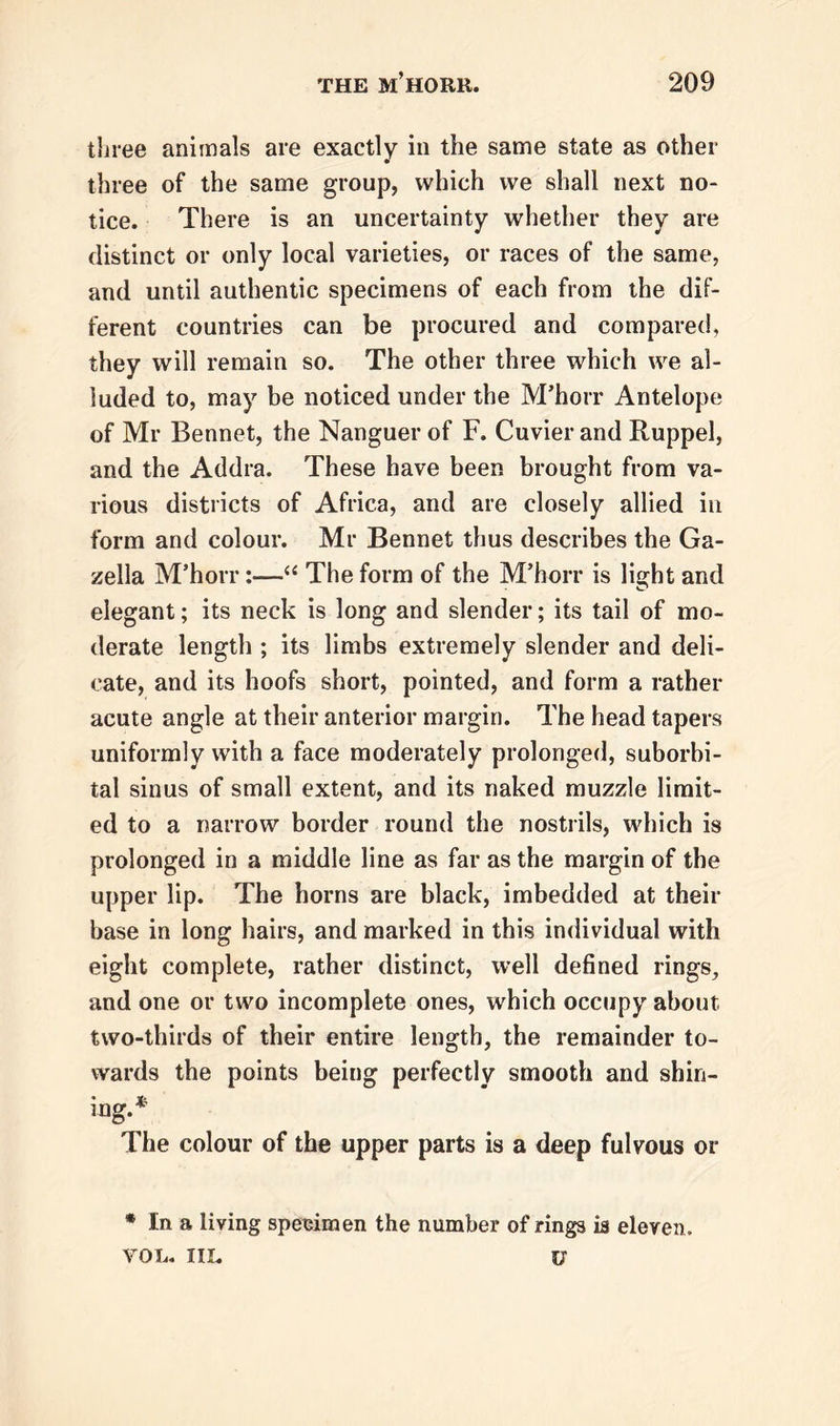 three animals are exactly in the same state as other three of the same group, which we shall next no- tice. There is an uncertainty whether they are distinct or only local varieties, or races of the same, and until authentic specimens of each from the dif- ferent countries can be procured and compared, they will remain so. The other three which we al- luded to, may be noticed under the M’horr Antelope of Mr Bennet, the Nanguer of F. Cuvier and Ruppel, and the Addra. These have been brought from va- rious districts of Africa, and are closely allied in form and colour. Mr Bennet thus describes the Ga- zella M’horr:—“ The form of the M’horr is light and elegant; its neck is long and slender; its tail of mo- derate length ; its limbs extremely slender and deli- cate, and its hoofs short, pointed, and form a rather acute angle at their anterior margin. The head tapers uniformly with a face moderately prolonged, suborbi- tal sinus of small extent, and its naked muzzle limit- ed to a narrow border round the nostrils, which is prolonged in a middle line as far as the margin of the upper lip. The horns are black, imbedded at their base in long hairs, and marked in this individual with eight complete, rather distinct, well defined rings, and one or two incomplete ones, which occupy about two-thirds of their entire length, the remainder to- wards the points being perfectly smooth and shin- ing-* The colour of the upper parts is a deep fulvous or * In a living specimen the number of rings is eleven. VOL. III. U