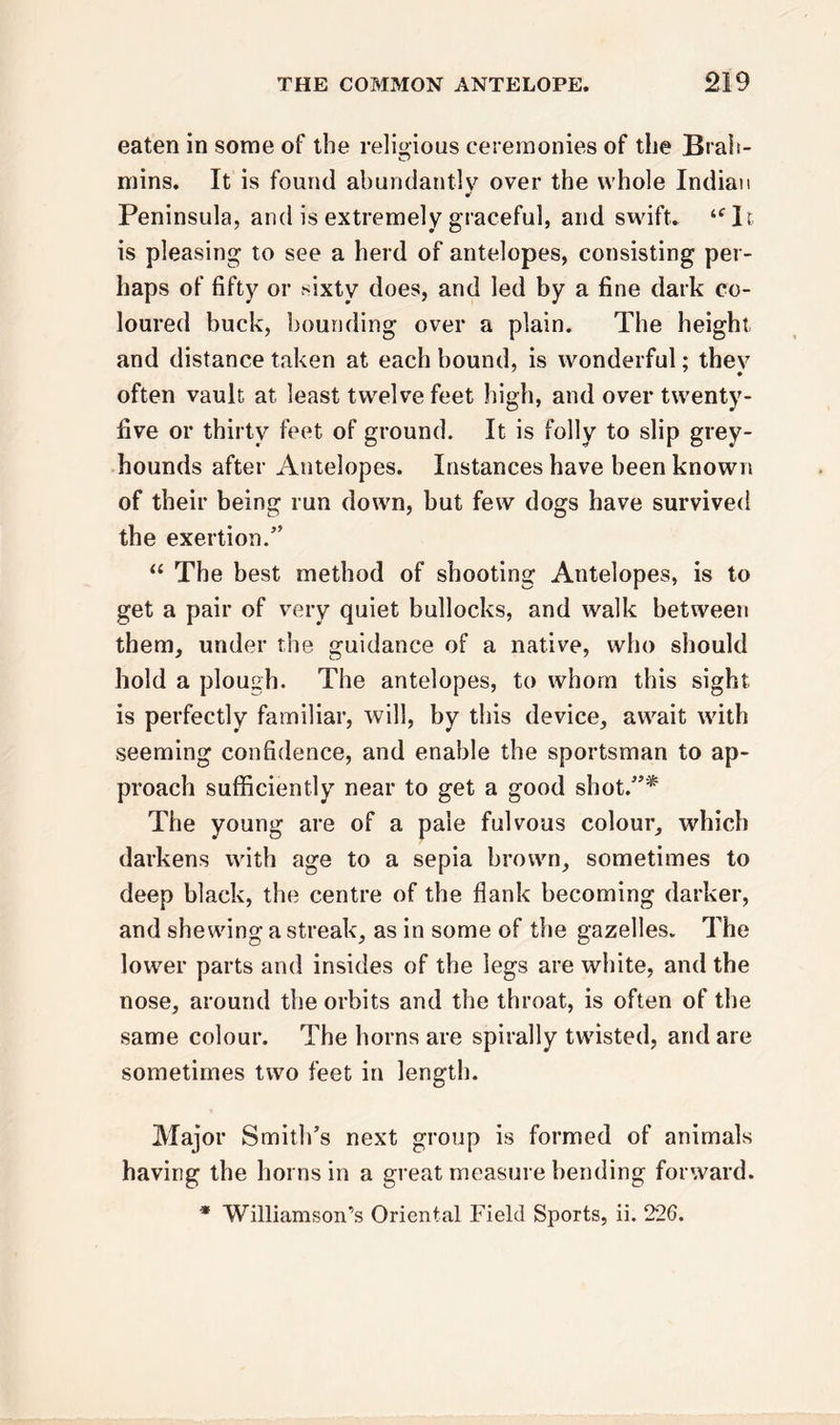 eaten in some of the religious ceremonies of the Brah- mins. It is found abundantly over the whole Indian a' Peninsula, and is extremely graceful, and swift. ‘fIt is pleasing to see a herd of antelopes, consisting per- haps of fifty or sixty does, and led by a fine dark co- loured buck, hounding over a plain. The height and distance taken at each hound, is wonderful; they often vault at least twelve feet high, and over twenty- five or thirty feet of ground. It is folly to slip grey- hounds after Antelopes. Instances have been known of their being run down, but few dogs have survived the exertion.” “ The best method of shooting Antelopes, is to get a pair of very quiet bullocks, and walk between them, under the guidance of a native, who should hold a plough. The antelopes, to whom this sight is perfectly familiar, will, by this device, await with seeming confidence, and enable the sportsman to ap- proach sufficiently near to get a good shot.”* The young are of a pale fulvous colour, which darkens with age to a sepia brown, sometimes to deep black, the centre of the flank becoming darker, and shewing a streak, as in some of the gazelles. The lower parts and insides of the legs are white, and the nose, around the orbits and the throat, is often of the same colour. The horns are spirally twisted, and are sometimes two feet in length. Major Smith’s next group is formed of animals having the horns in a great measure bending forward. * Williamson’s Oriental Field Sports, ii. 226.