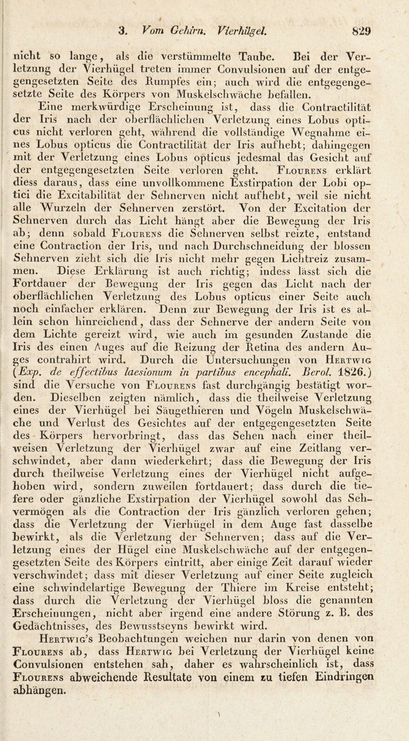 niclit so lange, als die verstümmelte Taube. Bei der Ver¬ letzung der Vierhügel treten immer Convulsionen auf der entge¬ gengesetzten Seite des Paimpfes ein; auch wird die entgegenge¬ setzte Seite des Körpers von MuskelscliAväclie befallen. Eine merkwürdige Ersclieinung ist, dass die Contractilität der Iris nach der oberfläclilichen Verletzung eines Lobus opti¬ cus niclit verloren geht, Avahrend die vollständige Wegnahme ei¬ nes Lohns opticus die Contractilität der Iris aufheht; dahingegen mit der Verletzung eines Lohns opticus jedesmal das Gesicht auf der entgegengesetzten Seite verloren geht. Flourens erklärt diess daraus, dass eine unvollkommene Exstirpation der Lohi op¬ tici die Excitahilität der Sehnerven nicht aufheht, weil sie nicht alle Wurzeln der Sehnerven zerstört. Von der Excitation der Sehnerven durch das Licht hängt aher die Bewegung der Iris ab; denn sobald Flourens die Sehnerven seihst reizte, entstand eine Contraction der Iris, und nach Durchschneidung der blossen Sehnerven zieht sich die Iris nicht mehr gegen Lichtreiz zusam¬ men. Diese Erklärung ist auch richtig; indess lässt sich die Fortdauer der Bewegung der Iris gegen das Licht nach der oberflächlichen Verletzung des Lobus opticus einer Seite auch noch einfacher erklären. Denn zur Bewegung der Iris ist es al¬ lein schon hinreichend, dass der Sehnerve der andern Seite von dem Lichte gereizt Avird, wie auch im gesunden Zustande die Iris des einen Auges auf die Reizung der Retina des andern Au¬ ges contrahirt wird. Durch die Untersuchungen von Hertwig {Exp. de effectihus laesionum in partibus encephali. Berol. 1826.) sind die Versuche von Flourens fast durchgängig bestätigt Avor- den. Dieselben zeigten nämlich, dass die theilweise Verletzung eines der Vierhügel hei Säugethieren und Vögeln Muskelschwä¬ che und Verlust des Gesichtes auf der entgegengesetzten Seite des - Körpers hervorbringt, dass das Sehen nach einer theil- weisen Verletzung der Vierhügel zAvar auf eine Zeitlang ver¬ schwindet, aber dann wiederkehrt; dass die Bewegung der Iris durch theihveise Verletzung eines der Vierhügel nicht aufge¬ hoben wird, sondern zuweilen fortdauert; dass durch die tie¬ fere oder gänzliche Exstirpation der Vierhügel sowohl das Seh¬ vermögen als die Contraction der Iris gänzlich verloren gehen; dass die Verletzung der Vierhügel in dem Auge fast dasselbe bewirkt, als die Verletzung der Sehnerven; dass auf die Ver¬ letzung eines der Hügel eine Muskelschwäche auf der entgegen¬ gesetzten Seite des Körpers eintritt, aher einige Zeit darauf wieder verschwindet; dass mit dieser Verletzung auf einer Seite zugleich eine schAvindelartige BeAvegung der Thiere im Kreise entsteht; dass durch die Verletzung der Vierhügel bloss die genannten Erscheinungen, nicht aher irgend eine andere Störung z. B. des Gedächtnisses, des BeAVusstseyns beAvirkt wird. Hertwig’s Beobachtungen weichen nur darin von denen Amn Flourens ab, dass Hertwig bei Verletzung der Vierhügel keine Convulsionen entstehen sah, daher es Avahrscheinlich ist, dass Flourens abweichende Resultate von einem zu tiefen Eindringen abhängen.