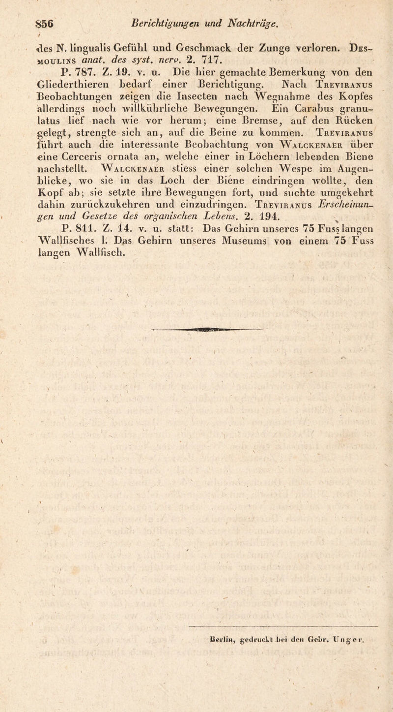 Berichtigungen und Nachträge. 856 / <les N. Hngualis Gefülil und Geschmack der Zunge verloren. Des- moulins anat. des syst. nero. 2. 717. P. 787. Z. 19. V. u. Die hier gemachte Bemerkung von den Gliederthieren bedarf einer Berichtigung. Nach Treviranus Beohachtungen zeigen die Insecten nach Wegnahme des Kopfes allerdings noch wi 11 kührliehe Bewegungen. Ein Carahus granu- latus lief nach wie vor herum; eine Bremse, auf den Rücken gelegt, strengte sich an, auf die Beine zu kommen. Treviranus führt auch die interessante Beobachtung von Walckenaer über eine Cerceris ornata an, welche einer in Löchern lebenden Biene nachstellt. Walckenaer stiess einer solchen Wespe im Augen¬ blicke, wo sie in das Loch der Biene elndringen wollte, den Kopf ab; sie setzte ihre Bewegungen fort, und suchte umgekehrt dahin zurückzukehren und einzudringen. Treviranus Erscheinun¬ gen und Gesetze des organischen Lehens. 2. 194. ^ P. 811. Z. l4. V. u. statt: Das Gehirn unseres 75 Fusslangen Wallfisches V. Das Gehirn unseres Museums von einem 75 Fass langen Wallfisch. \ I A f - t \ \ Berlin^ gedruckt Jiei den Ge^r. Ung er, /
