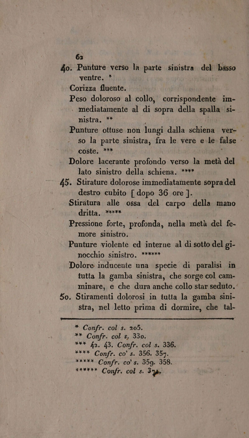 do. Punture verso la parte sinistra. del basso ventre. *. Corizza fluente. ù Peso doloroso al collo, corrispondente im- . mediatamente al di sopra della spalla si- nistra. ** Punture ottuse non lungi dalla fsi ver= o so la parte sinistra; fra le vere e le false i coste. *** Dolore lacerante profondo verso la metà del lato sinistro della schiena. **** 45. Stirature dolorose immediatamente sopra del destro cubito [ dopo 36 ore ]. Stiratura alle ossa del carpo della mano diitta..#t*. | Pressione forte, profonda, nella metà del fe- more sinistro, Punture violente ed interne al di sotto del gi- nocchio sinistro, ****** Dolore inducente una specie di paralisi in tutta la gamba sinistra, che sorge col cam- minare, e che dura anche collo star seduto.’ 50. Stiramenti dolorosi in tutta la gamba sini- stra, nel letto prima di dormire, che tal- * Confr. col s. 205. ** Confr. col s, 330. *** 42. 43. Confr. col s. 336. **** Confr. co’ s. 356. 357. *****. Confr. cos. 35g. 358. vavrte Confri col’ si 3%.