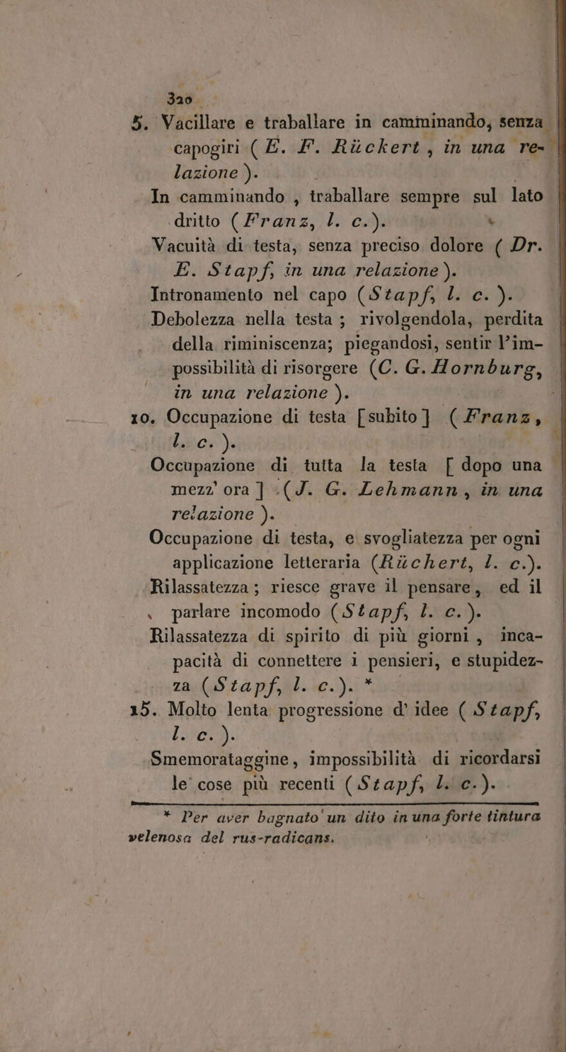 3a0 3 VA 5. Vacillare e traballare in camminando; senza | capogiri ( E. Y. Riùckert, in una re- lazione ). In camminando , traballare sempre sul lato «dritto (Franz, LL. c.). . Vacuità di testa, senza preciso dolore ( Dr. | E. Stapf, in una relazione). Intronamento nel capo (Stapf, LL. c. ). Debolezza nella testa ; rivolgendola, perdita della riminiscenza; piegandosi, sentir V’im- possibilità di risorgere (C. G. H7 DIANE, | in una relazione ). | x0. Occupazione di testa [ subito ] VEE A I (flor). | Occupazione di tutta la testa { dopo una | mezz’ ora ] :(J. G. Lehmann, in una resazione ). | Occupazione di testa, ei sv ogliatezza per ogni applicazione letteraria (Ritchert, 4. 2 Rilassatezza; riesce grave il pensare, ed il . parlare incomodo (Stapf, l. c.). Rilassatezza di spirito di più g ciorni, inca- | pacità di connettere i L'fubricsone e stupidez- avg ta pifi) 15. Molto lenta progressione d’ idee ( Stapf, Lone: Smemorataggine,, impossibilità. di ricordarsi le cose più recenti (Stapfi Li c.). * Per aver bagnato'un dito in una forte tintura