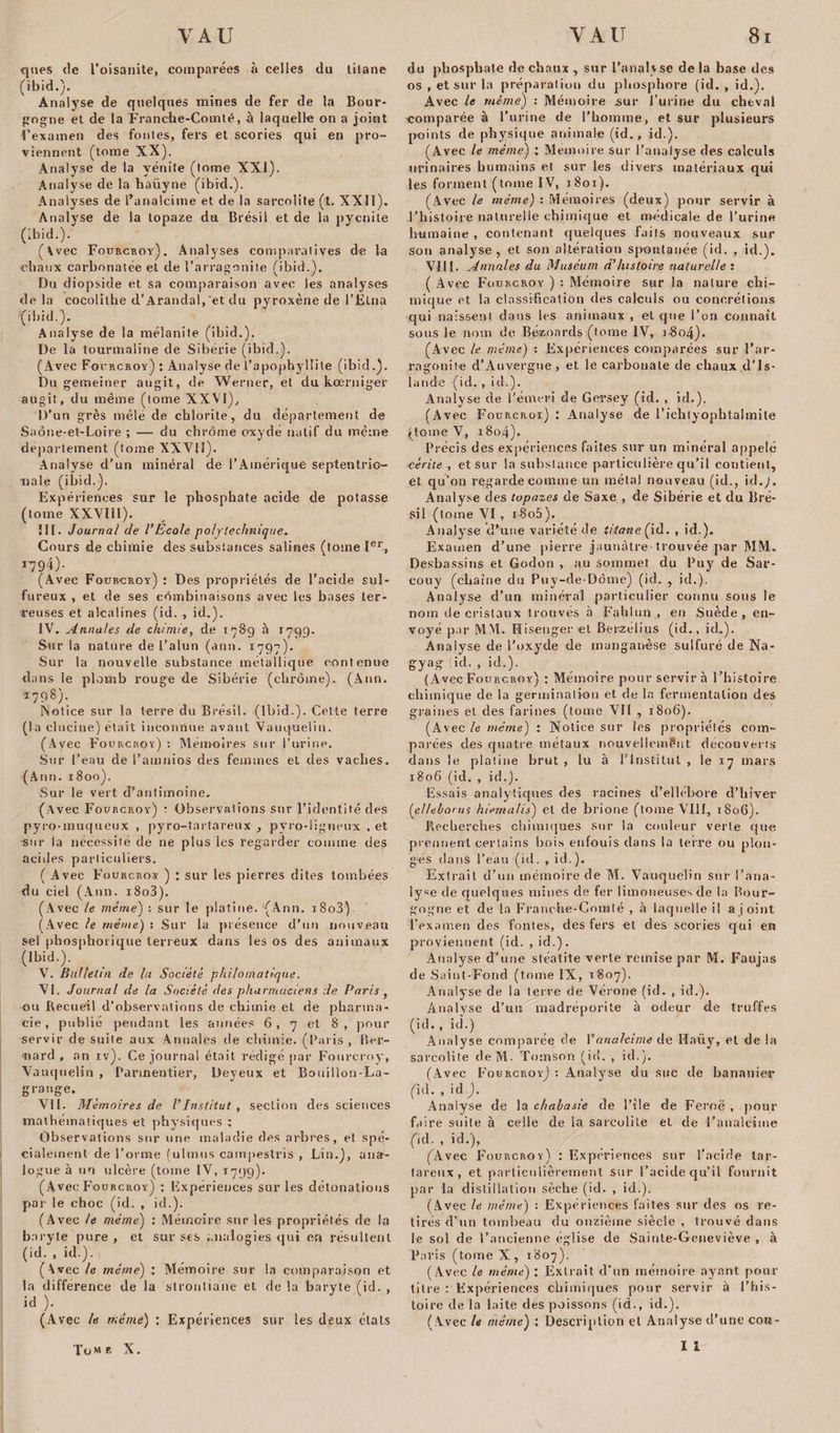 qnes de l’oisanite, comparées à celles du titane (ibid.). Analyse de quelques mines de fer de la Bour¬ gogne et de la Franche-Comté, à laquelle on a joint l’examen des fontes, fers et scories qui en pro¬ viennent (tome XX). Analyse de la yénite (tome XXI). Analyse de la haüyne (ibid.). Analyses de l’analcime et de la sarcolite (t. XXII). Analyse de la topaze du Brésil et de la pycnite (ibid.). (\vec Fourcroy). Analyses comparatives de la chaux carbonatée et de l’arragonite (ibid.). Du diopside et sa comparaison avec les analyses de la cocolilbe d'Arandal,'et du pvroxène de l’Etna (ibid.). Analyse de la mélanite (ibid.). De la tourmaline de Sibérie (ibid.). (Avec Fourcroy) : Analyse de l’apophylüte (ibid.). Du gemeiner augit, de Werner, et du kœrniger augit, du même (tome XXVI), D’un grès mêlé de chlorite, du département de Saône-et-Loire ; — du chrome oxydé natif du même departement (tome XXVII). Analyse d’un minéral de l’Amérique septentrio¬ nale (ibid.). Expériences sur le phosphate acide de potasse (tome XXVIil). III. Journal de l’Ecole polytechnique. Cours de chimie des substances salines (tome Ier, 1794)- (Avec Fourcroy) : Des propriétés de l’acide sul¬ fureux , et de ses combinaisons avec les bases ter¬ reuses et alcalines (id. , id.). IV. Annales de chimie, de 1789 à 1799. Sur la nature de l’alun (ann. 1797). Sur la nouvelle substance métallique contenue dans le plomb rouge de Sibérie (chrome). (Ann. ■1798). Notice sur la terre du Brésil. (Ibid.). Cette terre (la elucine) était inconnue avant Vauquelin. (Avec Fourcroy) : Mémoires sur l’urine. Sur l’eau de l’amnios des femmes et des vaches. (Ann. 1800). Sur le vert d’antimoine. (Avec Fourcroy) : Observai ions sur l’identité des pyro-muqueux , pyro-tartareux , pyro-ligneux , et -sur la nécessité de ne plus les regarder comme des acides particuliers. ( Avec Fourcroy ) : sur les pierres dites tombées du ciel (Ann. i8o3). (Avec le même') : sur le platine. (Ann. i8o3) (Avec le même) : Sur la présence d’un nouveau sel phosplioiique terreux dans les os des animaux (Ibid.). V. Bulletin de la Société philomatique. VI. Journal de la Société des pharmaciens de Paris , ou Recueil d’observations de chimie et de pharma¬ cie , publié pendant les années 6, 7 et 8, pour servir de suite aux Annales de chimie. (Palis, Rer- «ard , an iv). Ce journal était rédigé par Fourcroy, Vauquelin , Parmentier, Deyeux et Bouillon-La¬ grange. VU. Mémoires de l’Institut, section des sciences mathématiques et physiques : Observations sur une maladie des arbres, et spé¬ cialement de l’orme (ulmus campestris , Lin.), ana¬ logue à un ulcère (tome IV, 1799). (Avec Fourcroy) : Expériences sur les détonations par le choc (id. , id.). (Avec le même) : Mémoire sur les propriétés de la baryte pure, et sur ses ..ualogies qui en résultent (id. , id.). (Avec le même) : Mémoire sur la comparaison et la différence de la strontiane et de la baryte (id., id )• (Avec le même) : Expériences sur les deux états Tome X. du phosphate de chaux , sur l’analyse de la base des os , et sur la préparation du phosphore (id. , id.). Avec le même) : Mémoire sur l’urine du cheval comparée à l’urine de l’homme, et sur plusieurs points de physique animale (id., id.). (Avec le même) : Mémoire sur l’analyse des calculs urinaires humains et sur les divers matériaux qui les forment (tome IV, 1801). (Avec le même) : Mémoires (deux) pour servir à l’histoire naturelle chimique et médicale de l’urine humaine , contenant quelques faits nouveaux sur son analyse, et son altération spontanée (id. , id.). VIII. Annales du Muséum d’histoire naturelle : ( Avec Fourcroy ) : Mémoire sur la nature chi¬ mique et la classification des calculs ou concrétions qui naissent clans les animaux , et que l’on connaît sous le nom de Béæoards(tome IV, 0804). (Avec le même) : Expériences comparées sur l’ar- ra go ni te d’Auvergne , et le carbonate de chaux d’Is¬ lande (id., id.). Analyse de l’émeri de Gersey (id. , id.). (Avec Fourcroi) : Analyse de riehtyophtalmite (tome V, 1804). Précis des expériences faites sur un minéral appelé cérite , etsur la substance particulière qu’il contient, et qu’on regarde comme un métal nouveau (id., id.7. Analyse des topazes de Saxe , de Sibérie et du Bré¬ sil (tome VI, i-8o5). Analyse d’une variété de titane (id. , id.). Examen d’une pierre jaunâtre trouvée par MM. Desbassins et Godon , au sommet du Puy de Sar- couy (chaîne du Puy-de-Dôme) (id. , id.). Analyse d’un minéral particulier connu sous le nom de cristaux trouvés à Fahlun , en Suède, en¬ voyé par MM. Hisenger et Berzclius (id., id.). Analyse de l’oxyde de manganèse sulfuré de Na- gyag fid. , id.). (Avec Fourcroy) : Mémoire pour servira l’histoire chimique de la germination et de la fermentation des graines et des farines (tome VII , 1806). (Avec le même) : Notice sur les propriétés com¬ parées des quatre métaux nouvellement découverts dans le platine brut , lu à l’Institut , le 17 mars 1806 (id. , id.). Essais analytiques des racines d’ellébore d’hiver (ellehorus hiemalis) et de brione (tome VIII, 1806). Recherches chimiques sur la couleur verte que prennent certains bois enfouis dans la terre ou plon¬ gés dans l’eau (id. , id,). Extrait d’un mémoire de M. Vauquelin sur l’ana¬ lyse de quelques mines de fer limoneuses de la Bour¬ gogne et de la Franche-Comté , à laquelle il a joint l’examen des fontes, des fers et des scories qui en proviennent (id. , id.). Analyse d’une stéatite verte remise par M. Faujas de Saint-Fond (tome IX, 1807). Analyse de la terre de Vérone (id. , id.). Analyse d’un madréporite à odeur de truffes (id., id.) Analyse comparée de Yanalcime de Haüy, et de la sarcolite de M. Tuaisnn (id. , id.). (Avec Fourcroy) : Analyse du suc de bananier (id., id.;. Analyse de la chabasie de l’île de Feroë , pour faire suite à celle de la sarcolite et de l’analcime (id. , id.), (Avec Fourcroy) : Expériences sur l'acide tar- tareux, et particulièrement sur l’acide qu’il fournit par la distillation sèche (id. , id.). (Avec le même) : Expériences faites sur des os re¬ tirés d’un tombeau du onzième siècle , trouvé dans le sol de l’ancienne église de Sainte-Geneviève , à Paris (tomeX, 1807). (Avec le même) : Extrait d’un mémoire ayant pour titre : Expériences chimiques pour servir à l’his¬ toire de la laite des poissons (id., id.). (Avec le même) : Description et Analyse d’une cora- I i