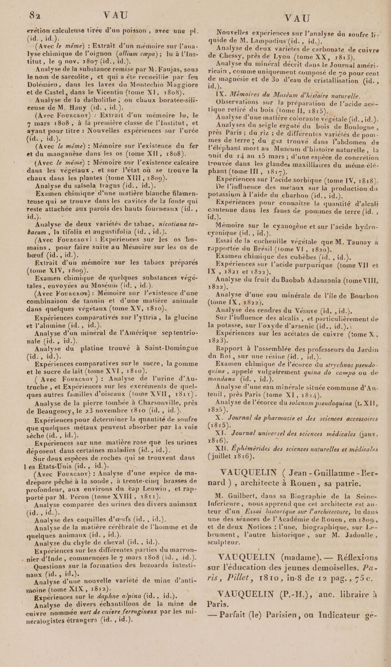 erétion ealeuleuse tirée d’an poisson , avec une pî. (id. , id.). (Avec le même) : Extrait d'on mémoire sur l’ana¬ lyse chimique de l’oignon (atliurn cœpa) ; lu à l’Ins¬ titut, le 9 nov. 1807 (id., id.). Analyse de la substance remise par M.Fanjas, sous le nom de sarcolite , et qui a été recueillie par feu Dolémieu, dans les laves du Monlechio Maggiore et de Castel, dans le Vicentin (tome XI, 1808). Analyse de la datholithe,' ou chaux boratée-sili- ceuse de M. Hauy (id. , id.). (Avec Fourcroy) .• Extrait d’un mémoire lu, le 7 mars 1808, à la première classe de l’Institut, et avant pour titre : Nouvelles expériences sur l’urée (id. , id.). (Avec le même) : Mémoire sur l’existence du fer et du manganèse dans les os (tome XII, 1808). (Avec le même) : Mémoire sur l’existence calcaire dans les végétaux , et sur l’état où se trouve la chaux dans les plantes (tome XIII, 180g). Analyse du salsola tragus (id., id.). Examen chimique d’une matière blanche filamen¬ teuse qui se trouve dans les cavités de la fonte qui reste attachée aux parois des hauts fourneaux (id. , *d.). Analyse de deux variétés de tabac, nicotiana ta- baentn , la tiFoira et angustifolia (id. , id.). (Avec F’ourcroy) : Expériences sur les os hu¬ mains , pour faire suite au Mémoire sur les os de bœuf (id. , id.). Extrait d’un mémoire sur les tabacs préparés (tome XIV, 1809). Examen chimique de quelques substances végé¬ tales , envoyées au Muséum (id. , id.). (Avec Fourcroy) : Mémoire sur l’existence d’une combinaison de tannin et d’une matière animale dans quelques végétaux (tome XV, 1810). Expériences comparatives sur l’yttria , la glucine et l’alumine (id. , id.). Analyse d’un minéral de l’Amérique septentrio¬ nale (id. , id.). Analyse du platine trouvé à Saint-Domingue (id. , id-)- Expériences comparatives sur le sucre, la gomme et le sucre de lait (tome X\ I , 1810). ( Avec Fourcroy) : Analyse cîe l’urine d’Àu- truche , et Expériences sur les excréments de quel¬ ques autres familles d’oiseaux (tome XVII, 1811). Analyse de la pierre lombée à Charsouville, près de Beaugency, le 23 novembre 1810 (id. , id.). Expériencespour déterminer la quantité de soufre que quelques métaux peuvent absorber par la voie sèche (id. , id.). Expériences sur une matière rose que les urines déposent dans certaines maladies (id., id.). Sur deux espèces de roches qui se trouvent dans 1 es États-Unis (id. , id.). (Avec Fourcroy) : Analyse d’une espèce de ma¬ drépore pêché à la soude , à trente-cinq brasses de profondeur, aux environs du cap Leuwin , et rap¬ porté par M. l’éron (tome XVIII , 1811). Analyse comparée des urines des divers animaux (id. , id.). Analyse des coquilles d’œufs (id. , id.). Analyse de la matière cérébrale de l’homme et de quelques animaux (id. , id.). Analyse du chyle de cheval (id. , id.). Expériences sur les différentes parties du marron¬ nier d’Inde , commencées le 7 mars 1808 (id. , id.). Questions sur la formation des bezoards intesti¬ naux (id. , id.). Analyse d’une nouvelle variété de mine d’anti¬ moine (tome XIX , 1812). Expériences sur le daphne alpina (id., id.). Analyse de divers échantillons de la mine de cuivre nommée ver: de cuivre ferrugineux parles mi¬ néralogistes étrangers (id. , id.). VAU Nouvelles expériences sur l’analyse du soufre li¬ quide de M. Lampadius (id. , id.). Analyse de deux variétés de carbonate de cuivra de Chessy, près de Lyon (tome XX, i8i3). Analyse du minerai décrit dans le Journal atnéri- ricdin , connue unicjueinent compose cîe 70 pour cent de magnésie et de 3o d’eau de cristallisation (id. , id-)- IX. Memoites du Muséum d histoire naturelle. Observations sur la préparation de l’acide acé¬ tique retiré du bois (tome II, i8i5). Analyse d’une matière colorante végétale (id., id.). Analyses du seigle ergoté du Lois de Boulogne , près Paris; du riz ; de différentes variétés depom- ines de terre 5 du gaz trouvé dans l’abdomen da l éléphant mort au Muséum d’histoire naturelle , la nuit du 14 au i5 mars ; d’une espèce de concrétion trouvée dans les glandes maxiliiuires du même élé¬ phant (tome III , 1817). Expériences sur l’acide sorbique (tome IV, 1818). De I influence des métaux sur la production du potassium à l’aide du charbon (id., ici.). Expériences pour connaître la quantité d’alcali contenue dans les fanes de pommes de terre (id. , id.). Mémoire sur le cyanogène et sur l’acide hyclro- cyanique (id. , id.). Essai de la cochenille végétale que M. Taunay a rapportée du Brésil (tome Vf , 1820). Examen chimique des cubèbes (id. , id.). Expériences sur l’acide purpurique (tome VII et IX , 1821 et 1822). Analyse du fruit du Baobab Adansonia (tome VIII, 1822) . Analyse d’une eau minérale de l’ile de Bourbon (tome IX, 1822). Analyse des cendres du Vésuve (id. ,id.). Sur l’influence des alcalis , et particulièrement de la potasse, sur l’oxyde d’arsenic (id., id.).i Expériences sur les acétates de cuivre (tome X , 1823) . Rapport a l’assemblée des professeurs du Jardin du Roi, sur une résine (id. , id.). Examen chimique de l’écorce du strychnos pseudo qnina , appelé vulgairement quina do ccrnpo ou de mandana (id. , id.). Analyse d’une eau minérale située commune d’Au- teuil , près Paris (tome XI , 1824). Analyse de l’écorce du solanumpseudoquina (t. XII, 1820). X. Journal de pharmacie et des sciences accessoires (1815). XT. Journal universel des sciences médicales (ianv. l8l6)’ XII. Ephémèndes des sciences naturelles et médicales ( juillet 1816). VAUQUELEX ( Jean - Guillaume-Ber¬ nard ) , architecte à Pcouen, sa patrie. M. Guilbert, dans sa Biographie de la Seine- Inférieure, nous apprend que cet architecte est au¬ teur d’un Essai historique sur l’architecture, lu dans une des séances de l’Académie de Rouen , en 1809, et de deux Notices : l’une, biographique, sur Le- hrument, l’autre historique, sur M. Jadoulle , sculpteur, YAUQLTELIN (madame). — Réflexions sur réducation des jeunes demoiselles. Pa¬ ris, Pillet7 1810, in-8 de 12 pag., 75 c. VAUQÜELIN (P.-H.), anc. libraire h Paris. — Parfait (le) Parisien, ou Indicateur gé-