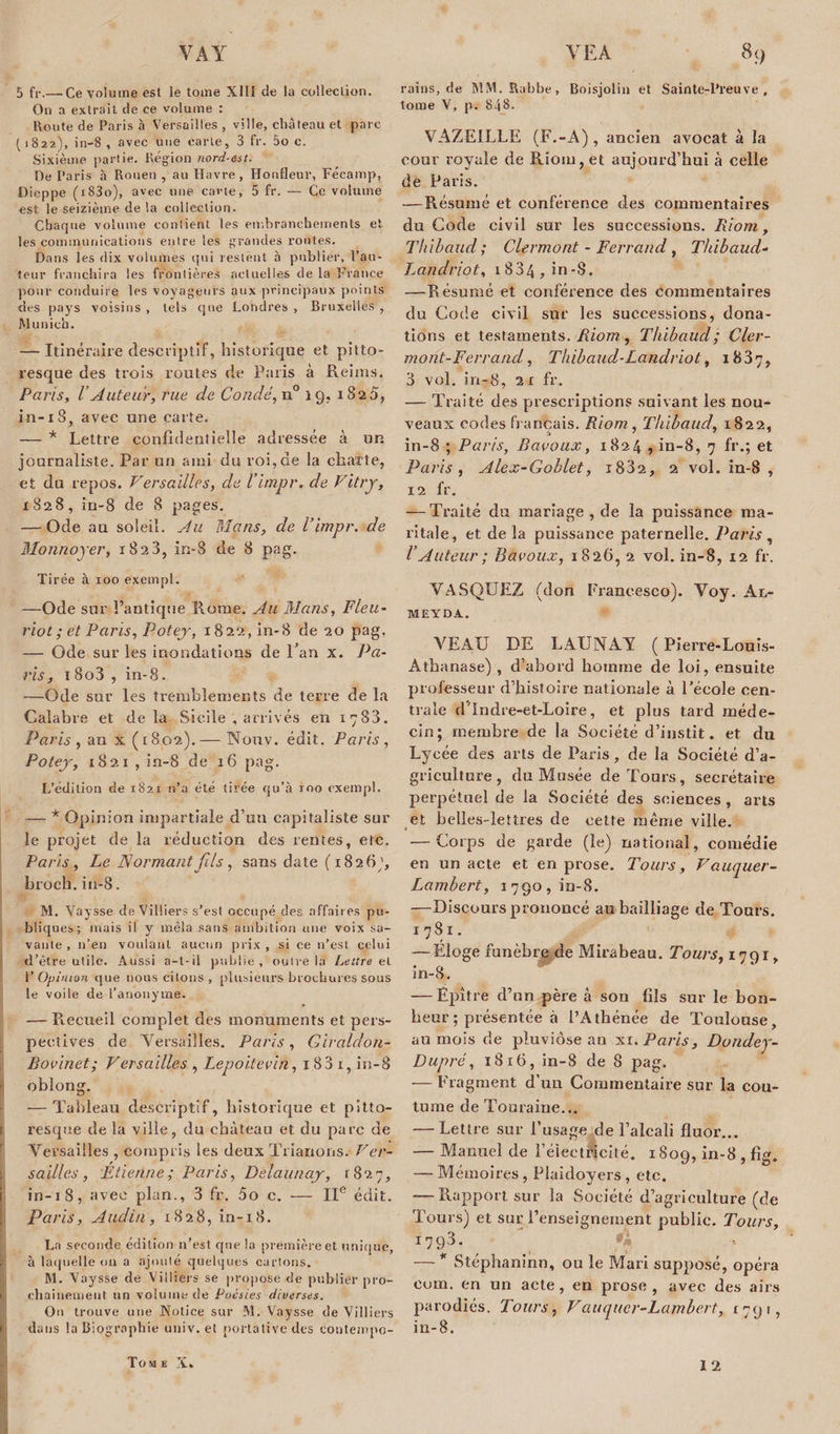 5 fr.— Ce volume est le tome XIII de la collection. On a extrait de ce volume : Route de Paris à Versailles , ville, château et parc (1822), in-8 , avec une carte, 3 fr. 5o c. Sixième partie. Région nord-est. De Paris à Rouen , au Havre, Honfleur, Féeamp, Dieppe (i83o), avec une carte, 5 fr. — Ce volume est le seizième de la collection. Chaque volume conlient les embranchements et les communications entre les grandes routes. Dans les dix volumes qui restent à publier, l’au¬ teur franchira les frontières actuelles de la France pour conduire les voyageurs aux principaux points des pays voisins , tels que Londres , Bruxelles , Munich. — Itinéraire descriptif, historique et pitto¬ resque des trois routes de Paris à Reims. Paris, l’Auteur, rue de Coudé, n° 19, 1820, in-18, avec une carte. — * Lettre confidentielle adressée à un journaliste. Par un a nui dis roi, de la chafte, et du repos. Versailles, de l’impr. de Vitrj, 1828, in-8 de 8 pages. — Ode au soleil. Au Mans, de l’impr. de Monrioyer, 1828, in-8 de 8 pag. Tirée à 100 exempl. —Ode sur l’antique Route. Au Mans, Fleu¬ riot ; et Paris, P otey, 1822, in-8 de 20 pag. — Ode sur les inondations de l’an x. Pa¬ ris, 1 8o3 , in-8. —Ode sur les tremblements de terre de la Calabre et delà Sicile , arrivés en 1788. Paris , an x (1802).— Nonv. édit. Paris , Potey, 1821 , in-8 de 16 pag. L’édition de 1821 n’a été tirée qu’à 100 exempl. — * Opinion impartiale d’un capitaliste sur le projet de la réduction des rentes, etc. Paris, Le JSormant fils , sans date (1826', broch.in-8. M. Vaysse deVilliers s’est occupé des affaires pu¬ bliques; mais il y mêla sans ambition une voix sa¬ vante , n’en voulant aucun prix , si ce n’est celui d’être utile. Aussi a-t-il publie, outre la Lettre el Y Opinion que nous citons, plusieurs brochures sous le voile de l’anonyme. — Recueil complet des monuments et pers¬ pectives de Versailles. Paris, Giraldon- Bovinet; Versailles , Lepoïtevin, i83 x, in-8 oblong. — Tableau descriptif, historique et pitto¬ resque de la ville, du château et du parc de Versailles , compris les deux Trianons. Ver¬ sailles, Etienne; Paris, Delaunay, r 827, in-18, avec plan., 3 fr. 5o c. — IIe édit. Paris, Andin, 1828, in-18. La seconde édition n’est que la première et unique, à laquelle on a ajouté quelques cartons. M. Vaysse de Villiers se propose de publier pro¬ chainement un volume de Poésies diverses. On trouve une Notice sur M. Vaysse de Villiers dans la Biographie univ. et portative des contempo- rains, de MM.Rabbe, Boisjolin et Sainte-Preuve, tome V, p. 848. VAZEILLE (F.-A), ancien avocat à la cour royale de Riom, et aujourd’hui à celle de Paris. — Résumé et conférence des commentaires du Code civil sur les successions. Riom, Thibaud; Clermont-Ferrand, Thibaud- Landriot, 1884, in-8. —Résumé et conférence des commentaires du Code civil sur les successions, dona¬ tions et testaments. Riom., Thibaud; Cler¬ mont-Ferrand, Thibaud-Landriot, 1837, 3 vol. in-8, 2i fr. — Traité des prescriptions suivant les nou¬ veaux codes français. Riom, Thibaud, 1822, in-8 ; Paris, Bavoux, 1824 , in-8, 7 fr.; et Paris , Alex-Goblet, i832, 2 vol. in-8 , 12 fr. — Traité du mariage , de la puissance ma¬ ritale, et de la puissance paternelle. Paris, l’Auteur ; Jiavoux, 1826, 2 vol. in-8, 12 fr. VASQUEZ (don Francesco). Voy. Al- MEYDA. VEAU DE LAUNAY ( Pierre-Louis- Athanase) , d’abord homme de loi, ensuite professeur d’histoire nationale à l’école cen¬ trale d’Indre-et-Loire, et plus tard méde¬ cin; membre de la Société d’instit. et du Lycée des arts de Paris, de la Société d’a¬ griculture , du Musée de Tours, secrétaire perpétuel de la Société des sciences , arts et belles-lettres de cette même ville. — Corps de garde (le) national, comédie en un acte et en prose. Tours, Vauquer- Lambert, 1790, in-8. —Discours prononcé au bailliage de Tours. 1781. — Eloge funèbre de Mirabeau. Tours, 1791, in-8. — Ëpître d’un père à son fils sur le bon¬ heur ; présentée à l’Athénée de Toulouse, au mois de pluviôse au xi. Paris, Dondey- Dupré, 1816, in-8 de 8 pag. — Fragment d’un Commentaire sur la cou¬ tume de Touraine... — Lettre sur l’usage de l’alcali fluor... — Manuel de l’électricité. 1809,? %• — Mémoires , Plaidoyers , etc. -—Rapport sur la Société d’agriculture (de Tours) et sur l’enseignement publie. Tours, ï793. , ' *1 — * Stéphaninn, ou le Mari supposé, opéra corn, en un acte, en prose, avec des airs parodiés. Tours, Vauqucr-Lambert, 1791, in-8. Tome X.