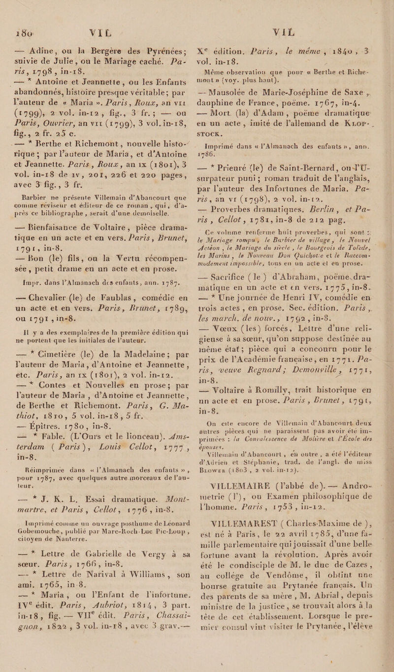 — Adine, ou la Bergère des Pyrénées ; suivie de Julie, ou le Mariage caché. Pa¬ ris y 1798 , in-i 8. — * Antoine et Jeannette , ou les Enfants abandonnés, histoire presque véritable; par l’auteur de « Maria ». Paris, Roux, an vit (1799), 2 vol. in-*2 5 fig., 3 fr.; — ou Paris, Ouvrier, an vii (1799), 3 vol. in-18, fig., 2 fr. a5 c. — * Berthe et Richemont, nouvelle liisto-y rique *, par Fauteur de Maria, et d'Antoine et Jeannette. Paris, Roux, an îx (1801), 3 vol. in-18 de iv, 201, 226 et 220 pages, avec 3 fig., 3 fr. Barbier ne présente Villemain d’Abancourl que comme réviseur et éditeur de ce roman , qui, d’a¬ près ce bibliographe , serait d’une demoiselle. — Bienfaisance de Voltaire, pièce drama¬ tique en un acte et en vers .Paris, Brunet, 1791, iu-8. — Bon (le) fils, ou la Vertu récompen¬ sée , petit drame en un acte et en prose. Impr. dans l’Almanach dis enfants, ann. 1787. -— Chevalier (le) de Faublas , comédie en un acte et en vers. Paris, Brunet, 1789, ou 1791 , in-8. Il y a des exemplaires de la première édition qui ne portent que les initiales de l’auteur. — * Cimetière (le) de la Madelaine ; par Fauteur de Maria, d’Antoine et Jeannette, etc. Paris, an ix (1801), 2 vol. in-12. —• + Contes et Nouvelles en prose ; par Fauteur de Maria , d’Antoine et Jeannette, de Berthe et Richemont. Paris, G. Ma- thiot, 1810, 5 vol. in-18,5 fr. — E pitres. 1780, in-8. —- * Fahle. (L'Ours et le lionceau). Ams¬ terdam ( Paris), Louis Cellot, 1777 , in-8. Réimprimée dans « l’Almanach des enfants » , pour 1787, avec quelques autre morceaux de l’au¬ teur. — * J. K. L. Essai dramatique. Mont¬ martre, et Paris , Cellot, 1776 , in-8. Imprimé comme un ouvrage posthume de Léonard Gobemouche, publié par Marc-Koch-Luc Pic-Loup , citoyen de Nanterre. — * Lettre de Gabrielle de Vergy à sa sœur. Paris, 1766, in-8. — * Lettre de Narival à Williams , son ami. 1760, in 8. — * Maria , ou l’Enfant de l’infortune. IVe édit. Paris, Aubriot, 1814, 3 part. in-18, fig. — VIIe édit. Paris, Chassai- orwn, 1822 , 3 vol. in-18 , avec 3 grav.— Xe édition. Paris, le meme , 1840 , 3 vol. in-18. ^ Même observation cjue pour « Berthe et Riche¬ mont » (voy. plus haut). — Mausolée de Marie-Joséphine de Saxe r dauphine de France, poème. 1767, in-4. — Mort, (la) d’Adam , poème dramatique en un acte , imité de l’allemand de Klop- . STOCK. Imprimé dans «l’Almanach des enfants», ann. 1786. — * Prieuré (le) de Saint-Bernard, oti l’U¬ surpateur puni ; roman traduit de l’anglais, par Fauteur des Infortunes de Maria. Pa¬ ris , an vr (1798), 2 vol. in-t2. — Proverbes dramatiques. Berlin , et Pa¬ ris , Cellot, 1781, in-8 de 212 pag. Ce volume renferme huit proverbes, qui son! - le Mariage rompu , le Barbier de village , L Nouvel Aciéon , le Mariage du siècle , le Bourgeois de Tolède, les Marins , le Nouveau Don Quichot;e et le Raccom¬ modement impossible, tons en un acte cl en prose. — Sacrifice (le) d’Ahraham, poème dra¬ matique en un acte et en vers. 1775, in-8» — * UAe journée de Henri IV, comédie en trois actes , en prose. Sec. édition. Paris , les mardi, de noitv., 1792 , in-8. — Vœux (les) forcés. Lettre d’une reli¬ gieuse à sa sœur, qu’on suppose destinée au même état ; pièce qui a concouru pour le prix de l’Académie française, en 1771. Pa¬ ris, veuve Rcgnard; Dcmonville , 1771, in-8. ^ — Voltaire à Romilly, trait historique en un acte et eu prose. Paris , Brunet, 1791, in-8. On cite encore de Villemain d’Abancourt deux outres pièces qui ne paraissent pas avoir été im¬ primées : la Convalescence de Molière et l’Ecole des épouses. Villemain d’Abancourt , en outre , a été l’éditeur d’Adrien et Stéphanie, trad. de i’angl. de miss Blower (i8o3 , 2 vol. in-12). VILLEMAÏRE (l’ahhé de).— Andro- ntetrie (F), ou Examen philosophique de l’homme. Paris, 1753, in-12. VILLEMAREST ( Charles-Maxime de ), est né à Paris, le 22 avril 1785, d’une fa¬ mille parlementaire qui jouissait d’une belle fortune avant la révolution. Après avoir été le condisciple de IVJ. le duc de Gazes , au collège de Vendôme, il obtint une bourse gratuite au Prytanée français. Un des parents de sa mère , M. Abrial, depuis ministre de la justice , se trouvait alors à la tête de cet établissement. Lorsque le pre¬ mier consul vint visiter le Prytanée, l’élève