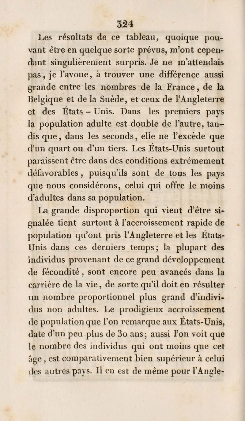 Les résultats de ce tableau, quoique pou¬ vant être en quelque sorte prévus, m’ont cepen¬ dant singulièrement surpris. Je ne m’attendais pas, je l’avoue, à trouver une différence aussi grande entre les nombres de la France, de la Belgique et de la Suède, et ceux de l’Angleterre et des Etats - Unis. Dans les premiers pays la population adulte est double de l’autre, tan¬ dis que, dans les seconds, elle ne l’excède que d’un quart ou d’un tiers. Les Etats-Unis surtout paraissent être dans des conditions extrêmement défavorables, puisqu’ils sont de tous les pays que nous considérons, celui qui offre le moins d’adultes dans sa population. La grande disproportion qui vient d’être si¬ gnalée tient surtout à l’accroissement rapide de population qu’ont pris l’Angleterre et les Etats- Unis dans ces derniers temps; la plupart des individus provenant de ce grand développement de fécondité, sont encore peu avancés dans la carrière de la vie, de sorte qu’il doit en résulter un nombre proportionnel plus grand d’indivi¬ dus non adultes. Le prodigieux accroissement de population que l’on remarque aux Etats-Unis, date d’un peu plus de 3o ans; aussi l’on voit que le nombre des individus qui ont moins que cet âge, est comparativement bien supérieur à celui des autres pays. Il en est de même pour l’Angle-