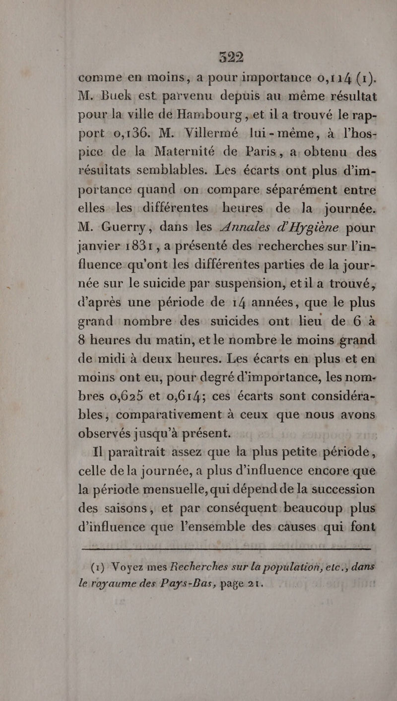 comme en moins, a pour importance 0,114 (1). M. Buek est parvenu depuis au même résultat pour la ville dé Hambourg ;.et il a trouvé le rap- port 0,136. M. Villermé lui-même, à l’hos- pice de la Maternité de Paris, a: obtenu des résultats semblables. Les écarts ont plus d’im- portance quand :on compare séparément entre elles les différentes heures de la journée. M. Guerry, dans les Annales d'Hygiène pour janvier 1831, a présenté des recherches sur lin- fluence qu'ont les différentes parties de la jour- née sur le suicide par suspension, etila trouvé, d’après une période de 14 années, que le plus grand nombre des suicides ont lieu de 6 à 8 heures du matin, et le nombre le moins grand de midi à deux heures. Les écarts en plus et en moins ont eu, pour degré d'importance, les nom- bres 0,625 et 0,614; ces écarts sont considéra- bles, comparativement à ceux que nous avons observés jusqu’à présent. Il paraitrait assez que la plus petite période, celle de la journée, a plus d'influence encore que la période mensuelle, qui dépend de la succession des saisons, et par conséquent beaucoup plus d'influence que l’ensemble des causes qui font (1) Voyez mes Recherches sur la population, etc., dans le royaume des Pays-Bas, page 21.