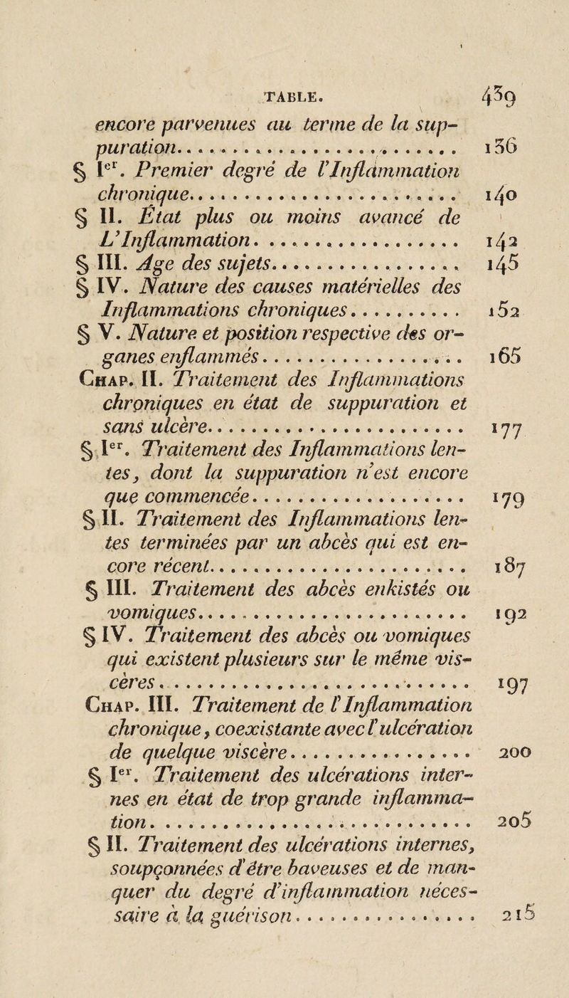 encore parvenues au terme de la sup¬ puration. ...... .... 1^6 § Premier degré de VInjlàmmation chronique. 140 § 11. Etat plus ou moins avancé de ' EInjlammation. .. 142 § lïl. Age des sujets. 145 § IV. Nature des causes matérielles des Inflammations chroniques. 162 § V. Nature et position respective des or¬ ganes enjlammés.. 165 Ch AP. 11. Traitement des Inflammations chroniques en état de suppuration et sans ulcère... 177 § 1®^. Traitement des Iriflammations len¬ tes ^ dont la suppuration nest encore que commencée.. 179 § 11. Traitement des Inflammations len^ tes terminées par un abcès qui est en¬ core récent... 187 § III. Traitement des abcès enkistés ou vomiques.... 192 § IV. Traitement des abcès ou vomiques qui existent plusieurs sur le même vis¬ cères.... 197 Chap. III. Traitement de lAnflammation chronique, coexistante avec tulcération de quelque viscère.. 200 § I®^. Traitement des ulcérations inter¬ nes en état de trop grande inflamma¬ tion . 2o5 SU. Traitement des ulcérations internes, soupçonnées d'être baveuses et de man-- quer du degré d^inflammation néces¬ saire à la guérison................ 215