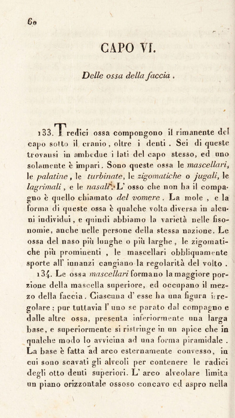 6@ GÂPO VL Delle ossa délia faccia * 133. I redïci ossa compongono îl rimanente dcî capo softo il cranio , oltre i denti . Sei di cjueste trovausi iu ambedue i lati de! capo stesso, ed uno solamente è Iniparl. Sono queste ossa le mascellari^ le palatine f le turbinate^ le zigomatiche o jugali, le lagrimali, e le nasali'^^XJ osso che non ha il compa* gno è qnello cbiamato del vomere . La mole , e la forma di queste ossa è qualche volta di versa in alcu- ni individu!, e quindi abbiamo la varietà nelle fiso- iiomie, anche nelle persone délia stessa nazione. Le ossa del naso piii iuughe o piîi larghe , le zigomati- che piu prominenti , le mascellari obbliquamente sporte air iunanzi cangiano la regolarità del volto . 134. Le ossa mascellari {ovmdino lamaggiore por- xîone délia mascella superîore, ed occupauo il mez- zo délia faccia - Giascuna d’esse ha una figura i;re- golare ; pur tuttavia V imo se parato dal compagno e dalle altre ossa, présenta inferiormente una larga base, e superîormente si risîringe in un apice che in qualche modo lo avvicina ad una forma piramidale . La base ë fatta ad arco esternamente convesso, in eui sono scavati gli alveoli per contenere le radie! degli otto denti superiori. L’ arco alveolare limita un piano orizzontale ossoso concave ed aspro nella