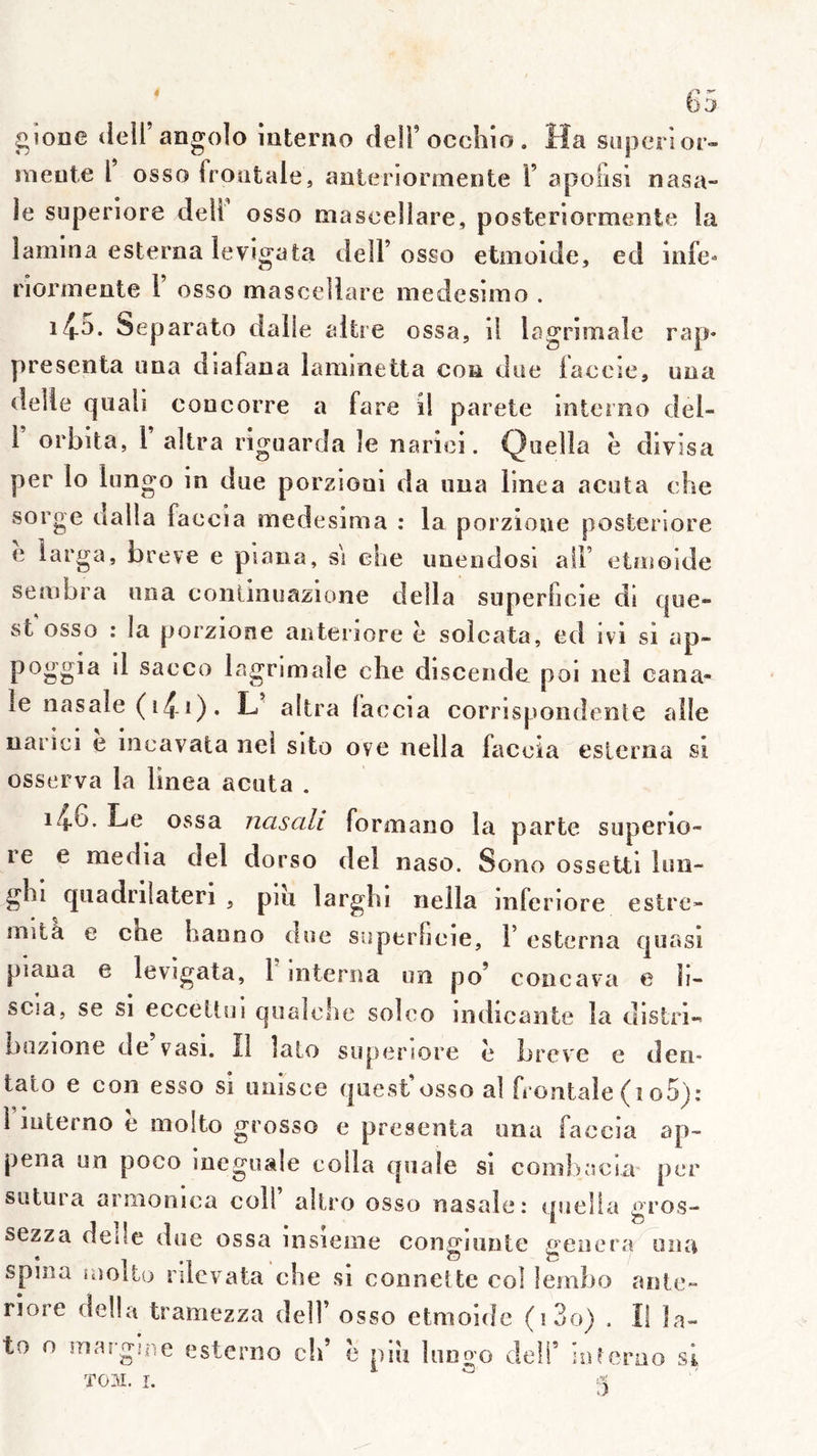 4 gîone (lell’angolo iuterno delFocchio. Ha siiperîor- meute r osso frontale, auieriormeute F apoiisl nasa- le superiore deli osso mascellare, posteriormente la lamina esterna levigata delF osso etmoide, ed infe^ riormente 1 osso mascellare inedesimo . Separato dalle altre ossa, il lagrimale rap- présenta ima diafana lammetta con due laceïe, uua delle quali eoucorre a fare il parete interno del- F orbita, F altra rîguarda le nariei. Q uella e divisa per lo lungo in due porzioui da uua linea acuta che sorge dalla faccia medesima : la porzioue posteriore e iarga, brève e piana, si ehe unendosi alF etmoide sembra una conünuazione délia superficie di que- sFosso : la porzioae anteriore è soîcata, ed ivi si ap- poggia d sacco lagnmale che discende poi nel cana- le nasale ( 14 1 ) . L altra (accia corrispondente allé uarici e mcavata nel sito ove nella faccia eslerna si osserva la linea acuta . i4-6. Le ossa nasali formano la parte superio- re e media del dorso del naso. Sono ossetti lun- ghi quadriiateri , piu larghi nella inferiore estre- mità e che haono due siiperlicie, F esterna cjuasi piaua e levigata, 1 interna un po* concava e li- scia, se Si ecceltm qualclie soleo indicante la distri- hüzione de vasi. Il lato superiore è brcve e deti- tato e con esso si uulsce quesFosso al frontale (io5): 1 iuterno e molto grosso e présenta una faccia ap- pena un poco iueguaie colla quale si combacia' per sutura armonica coll allro osso nasale: quella gros- sezza delle due ossa insieme congiunte généra oiia spina molto nlcvata che si connette col lembo ante- riore délia tramezza delF osso etmoide (i3o) . Il la- to O maigine estemo c!F è piu hmgo delF ioterao si TOM. I. ■ y 0