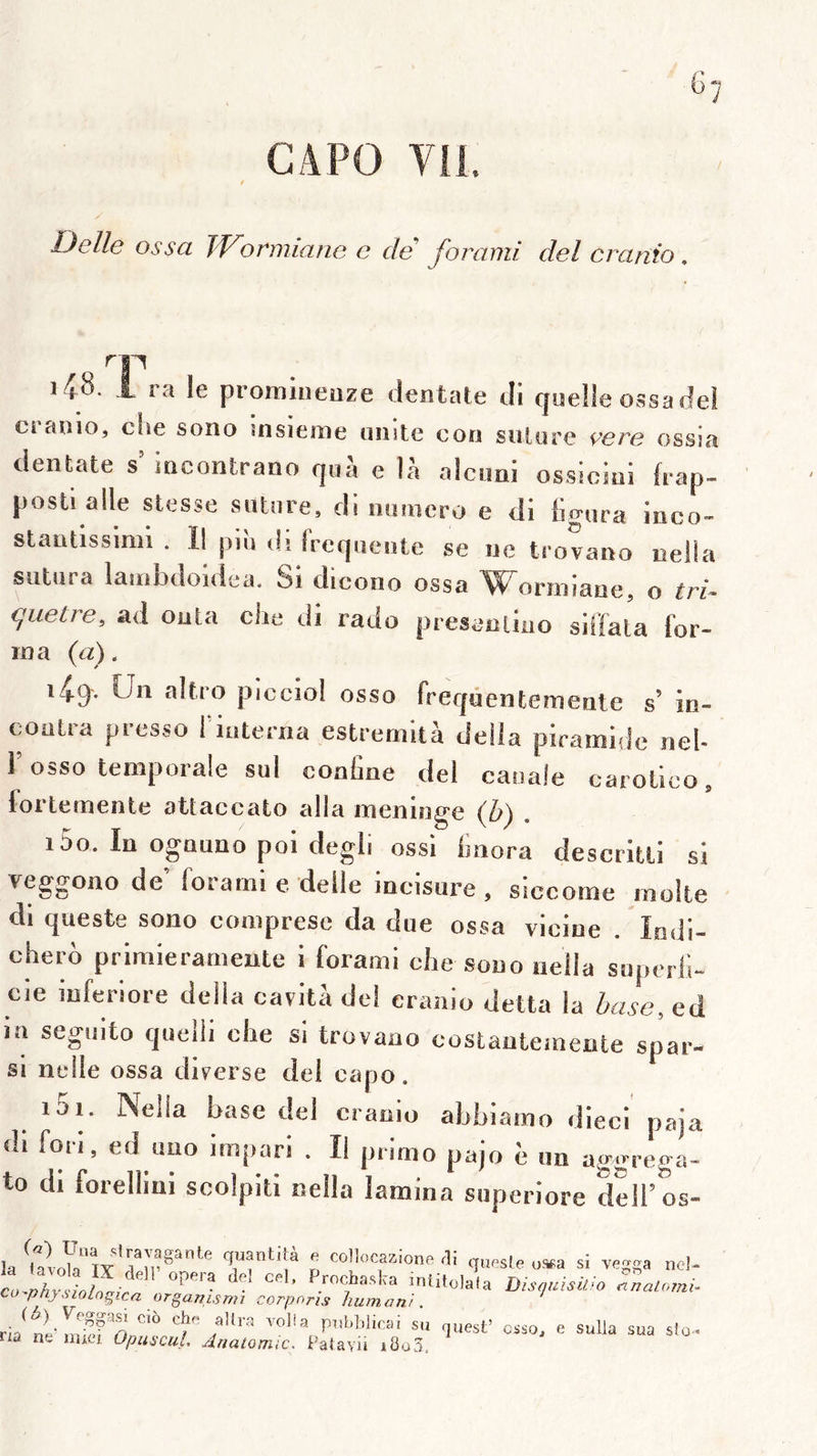 GAPO Vil. Delle ossa JVormiane c de forami del cranio. i48. 1 ra le promineuze dentale di quelle ossa del Cl anio, che sono snsieine niute con suture vere ossia dentale s’ incontrano quà e là alcunî ossiciui fi-ap- posli aile stesse suture, di numéro e di ligura inco- stantissinn . Il piîi di frequente se ne trovano ueiia sutura lainbdoidea. Si dicono ossa Woriniane, o tri- quetre, ad oula che di rado presecliuo siifata for- ma (a). i4<I- Un altro picciol osso frequentemente s’ in- coatra presse fiuterna estrernità deila piramide nel- r osso temporale sul confine del caoale carolico, fortemente attaccato alla méningé (Zi) . i5o. In ognuno pol degli ossi finora descritli si veggono de’ forami e delle incisure , siccome moite di queste sono comprese da due ossa vicine . Indi- cherô primierameute i forami elle sou o uella superfi- cie iuferiore délia cavità de! cranio detta la hase, ed in seguito queili che si trovano oostantemente spar- si neile ossa diverse del capo. iJi. Nella base del crajiio abbiamo dieci paja di fori, ed uuo impari . Il primo pajo è un aggrega- to di forelliui scolpili nella lamina superiore dell’es- ta quantité e collocaaione fli queste usea si vegga net- co^nhvsiùlcpir^ npeia es cet, Prochasl^a iniitolafa î)is(juïsU.io einalomi- CO pnysiolngica orgamsmi corporis human'r. '' che allra voila pitbl.licai su quest’ esso, e sulla sua slo-. na ne inici üpuscul. Anaiomic. Fatayii i8o5.