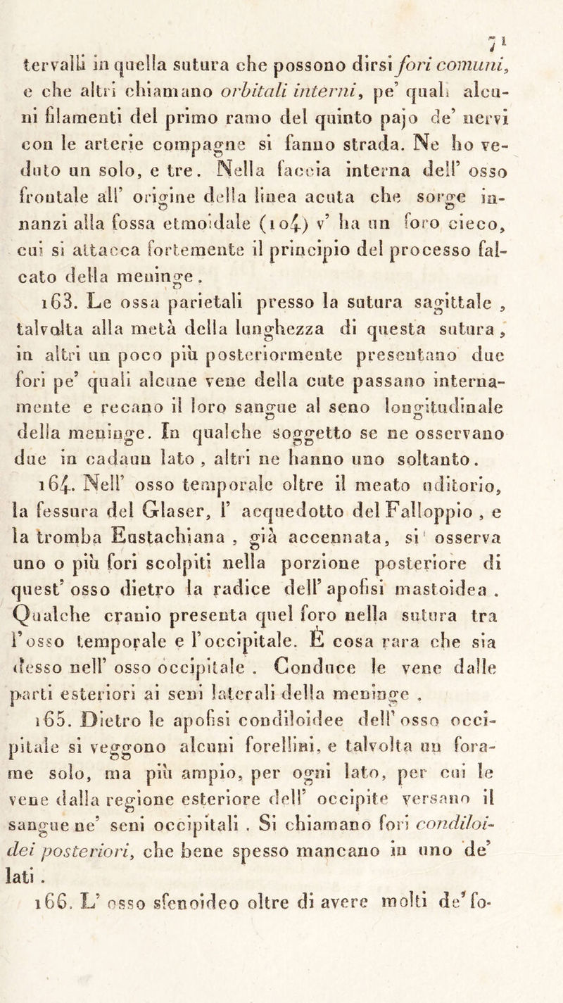 iervalÜ in cjueüa satura che possono dirsi fori comiini, e che altî'i chianiano orhitali interni, pe’ quaL alca- m hlamenti del primo ramo del quinto pajo de’ nervi cou le arterle compagne si fanuo strada. Ne ho ve- duto un solo, e tre. Nella laccia interna deÜ’ osso frontale ail’ origine délia lioea acuta che sor^-e in- nanzi alla fossa etmoidale (io4) v’ ha on foro cieco, oui si altaeca fortemeiite il priocipio del processo fal- cato délia méningé. 163. Le ossa parietali presso la sutura sagittale , talvoJta alla meta délia lunghezza di questa sutura , in altri un poco piu posteriormeate presentaoo due fori pe’ qiiaii alcuae vene délia cute passano interna- mente e recaao il loro sano^ue al seno lonoitudinale délia méningé. In qiialche soggetto se ne osservaoo due in cadaun lato, altri ne hanno imo soltanto. 164. Ne!!’ osso temporale oltre il meato uditorio, la fessura del Gl aser, 1’ acquedotto del Falloppio , e la tromba Eastachiana , già accennata, si' osserva uno O piu fori scolpiti nella porzione posteriore di quest’osso dietro la radice dell’apofisi mastoidea . Qualche cranio présenta quel foro nella sutura tra i’osso temporale e l’occipitale. É cosa rara che sia desso neir osso occipitale . Gonduce le yene dalle parti esteriori ai seni latcrali delta menioge . 165. Dietro le apofsi condiloidee deU’osso occi- pitale si veggono alcuui forelüai, e talvolta un fora- me solo, ma piu arapio, per ogni lato, per coi le vene dalla regione esteriore del!’ occipite yersano il saague ne’ seni occipitali . Si chiamano fori coTidiJol^ dei posteriori, che bene spesso mancano in imo de’ lati . 166. L’ osso sFenoideo oltre di ayere molli de’fo-
