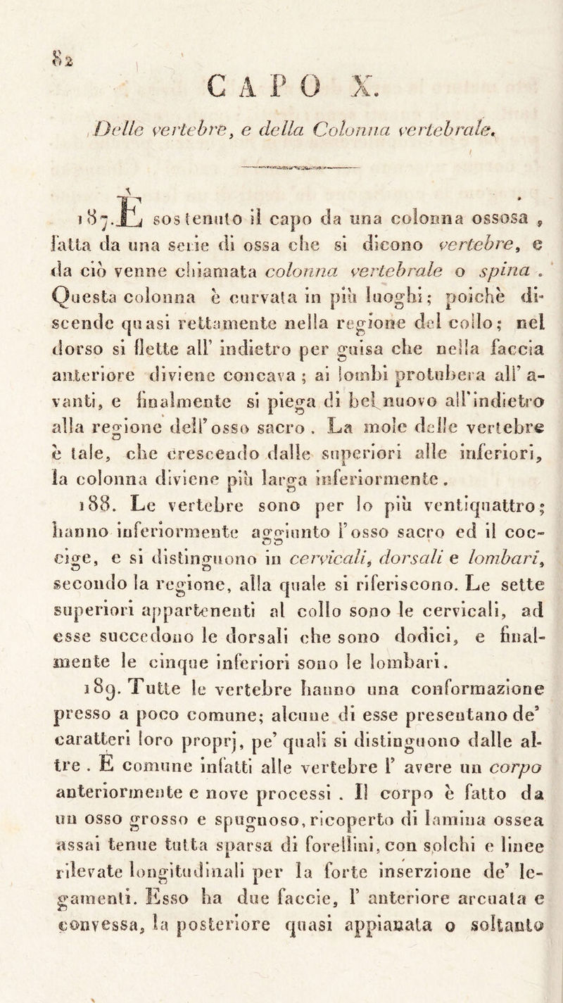 ,DcIIg çertebre, e délia Colonna eertehrale^ E* sostenuto il capo da lina coloima ossosa ^ lalta da una seiie di ossa clie si dicono çertebre, e da cld venne cldamata colonna çertehrale o spina . Questa colonna è curvata in piii lüogliî; poichë di- scendc (piasi reltaoiente nella regioiie del collo; nel dorso si llette alF iiidietro per gaisa che nella faccia aiiteriore divieoe concava ; ai lombi protoljcî a ali’a- vanti, e boalmente si piega di bcbnuovo aU'indietro alla res'ionc delTosso sacro , La mole delle vertébré O ë taîe, che cresceado dalle snperiorl aile inferiori, la colonna dlviene piii larga inferlormenle. 188. Le vertebre sono per !o piîi vcntiqnattro ; lianno iuferîorniente ao’o'innto Fosso sacro cd il coc- ci^e, e si distin^nono in ceiyicali. dorsall e lomharî. O O secondo la reglone, alla cpiale si riferiscono. Le sette snperlori apparteneoti al collo sono le cervical!, ad esse succedoiio le dorsali che sono dodici, e final- mente le cinqne inferiori sono le lombari. 18g. Tulle le vertebre îianno una conforraazione presso a poco comune; alciiue di esse preseutano de’ caralterl loro proprj, pe’qiiali si disünguono dalle ab tre . E comune Inlatll aile vertebre F avéré un corpo anteriorinente e nove processi . Il corpo ë fatlo da im osso grosso e spugnoso,ricoperto di lamina ossea assai tenue lutta sparsa di forelllnl, con splchi e Fmee rilevate longitudinal! per la forte Inserzione de’ le- gamenii. Esso ha due faccie, F anteriore arcoala e çonvessa, la posteriore quasi appiaaata o soltaolo \