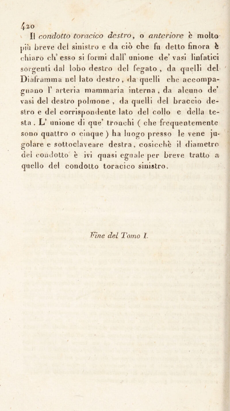 4^20 Il condotto toracico destro, o anteriore ë molto- piü breve dei sinisLro e (la cio che fu detto finora ë chiaro cb’ esso si formi dall’ «nione de’ vasi linfaticl sorgeotl dal lobo destro del fegato , da quelli del ' Dlalràsoma oe! lato destro, da quelli cbe accompa- guano r arteria mammaria interna , da alcuno de’ vas! del destro polmone , da quelli del braccio de- slro e del corrispondente lato del collo e délia te- sta . L’ unione di que’ trouchi ( che frequeotemente sono quattro o cinque ) ha luogo presso le vene ju- golare e sottoclaveare destra, cosicchë il diamètre del coodotto ë ivi quasi ego ale per breve tratto a quelle del condotto toracico sinistro. 'Fine del Tomo L