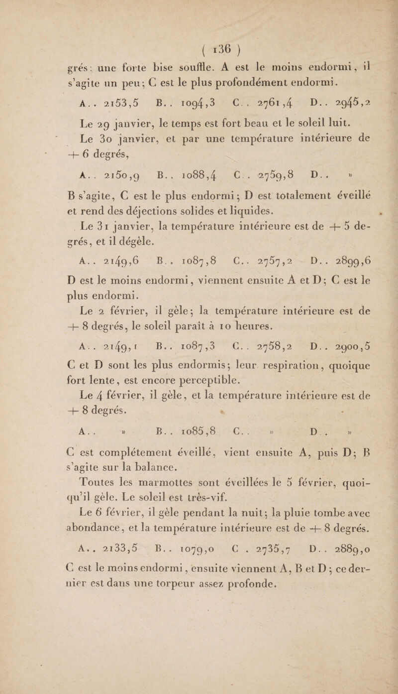 grés; une forte bise souffle. A est le moins endormi, il s’agite un peu*, C est le plus profondément endormi. A.. 2i53,5 b.. iog4,3 C.. 2761,4 I>.. 2g45,2 Le 29 janvier, le temps est fort beau et le soleil luit. Le 3o janvier, et par une température intérieure de 6 degrés, À.. 2i5o,g B.. 1088,4 b . '275g,8 D.. » B s’agite, C est le plus endormi^ D est totalement éveillé et rend des déjections solides et liquides. Le 3i janvier, la température intérieure est de -f- 5 de¬ grés, et il dégèle. A.. 2i4g,6 B.. 1087,8 G.. 2767,2 D. . 28gg,6 D est le moins endormi, viennent ensuite A et D; C est le plus endormi. Le 2 février, il gèle; la température intérieure est de -f- 8 degrés, le soleil paraît à 10 heures. A.. 2i4g>r B.. 1087,3 G.. 2768,2 D. . 2goo,6 C et D sont les plus endormis; leur respiration, quoique fort lente, est encore perceptible. Le 4 février, il gèle, et la température intérieure est de 4-8 degrés. A, . » B. . 1086,8 G. . » D . »> C est complètement éveillé, vient ensuite A, puis D; B s’agite sur la balance. Toutes les marmottes sont éveillées le 6 février, quoi¬ qu’il gèle. Le soleil est très-vif. Le 6 févri er, il gèle pendant la nuit; la pluie tombe avec abondance, et la température intérieure est de 4- 8 degrés. A.. 2i33,5 b.. 107g,o g . 2736,7 D. . 288g,o C est le moins endormi, ensuite viennent A, B et D ; ce der¬ nier est dans une torpeur assez profonde.