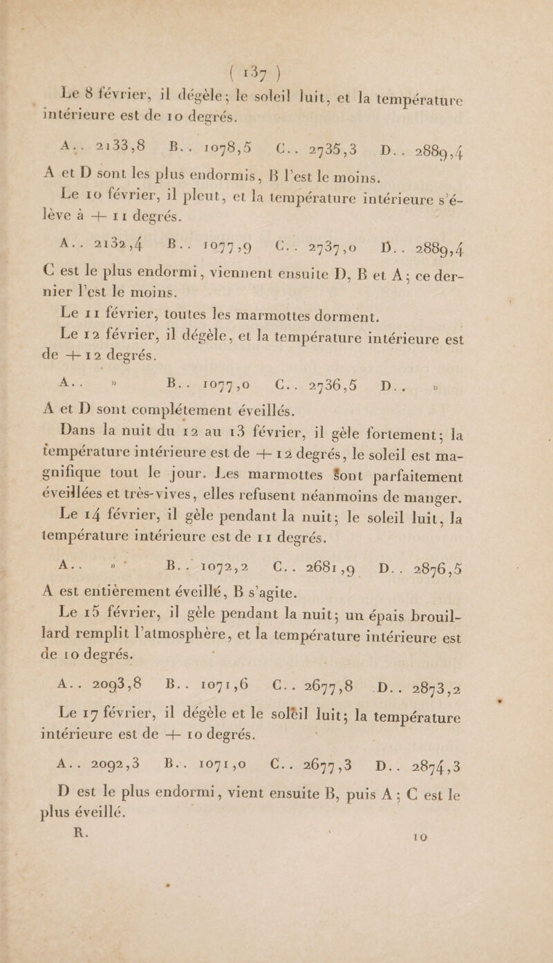 ( ‘'^7 ) Le 8 février, intérieure est de il dégèle; le soleil luit, et la températu lo degrés. re ,A.. 2i33,8 b.. 1078,5 2735,3 D.. 2889,4 A et D sont les plus endormis, )i l’est le moins. Le 10 février, il pleut, et la température intérieure s’é¬ lève à -f- 11 degrés. A.. 2132,4 B.. 1077,9 ^L. 2787,0 Û.. 2889,4 C est le plus endormi, viennent ensuite I), B et A; ce der¬ nier Lest le moins. Le 11 février, toutes les marmottes dorment. Le 12 février, il degele, et la température intérieure est de -f-12 degrés. » B-• 1077,0 C.. 2786,5 D.. » A et D sont complètement éveillés. Dans la nuit du 12 au i3 février, il gèle fortement; la température intérieure est de -j- 12 degrés, le soleil est ma¬ gnifique tout le jour. Les marmottes Sont parfaitement éveillees et tres-vives, elles refusent neanmoins de manger. Le i4 février, il gèle pendant la nuit; le soleil luit, la température intérieure est de 11 degrés. B.. 1072,2 C.. 2681,9 D. . 2876,5 A est entièrement éveillé, B s’agite. Le i5 février, il gèle pendant la nuit; un épais brouil¬ lard remplit l’atmosphère, et la température intérieure est de 10 degrés. A.. 2093,8 B.. 1071,6 C.. 2677,8 .D.. 2873,2 Le 17 février, il dégèle et le soleil luit; la température intérieure est de -f- 10 degrés. A.. 2092,3 B.. 1071,0 C.. 2677,3 D.. 2874,3 D est le plus endormi, vient ensuite B, puis A ; C est le plus éveillé. R. 10