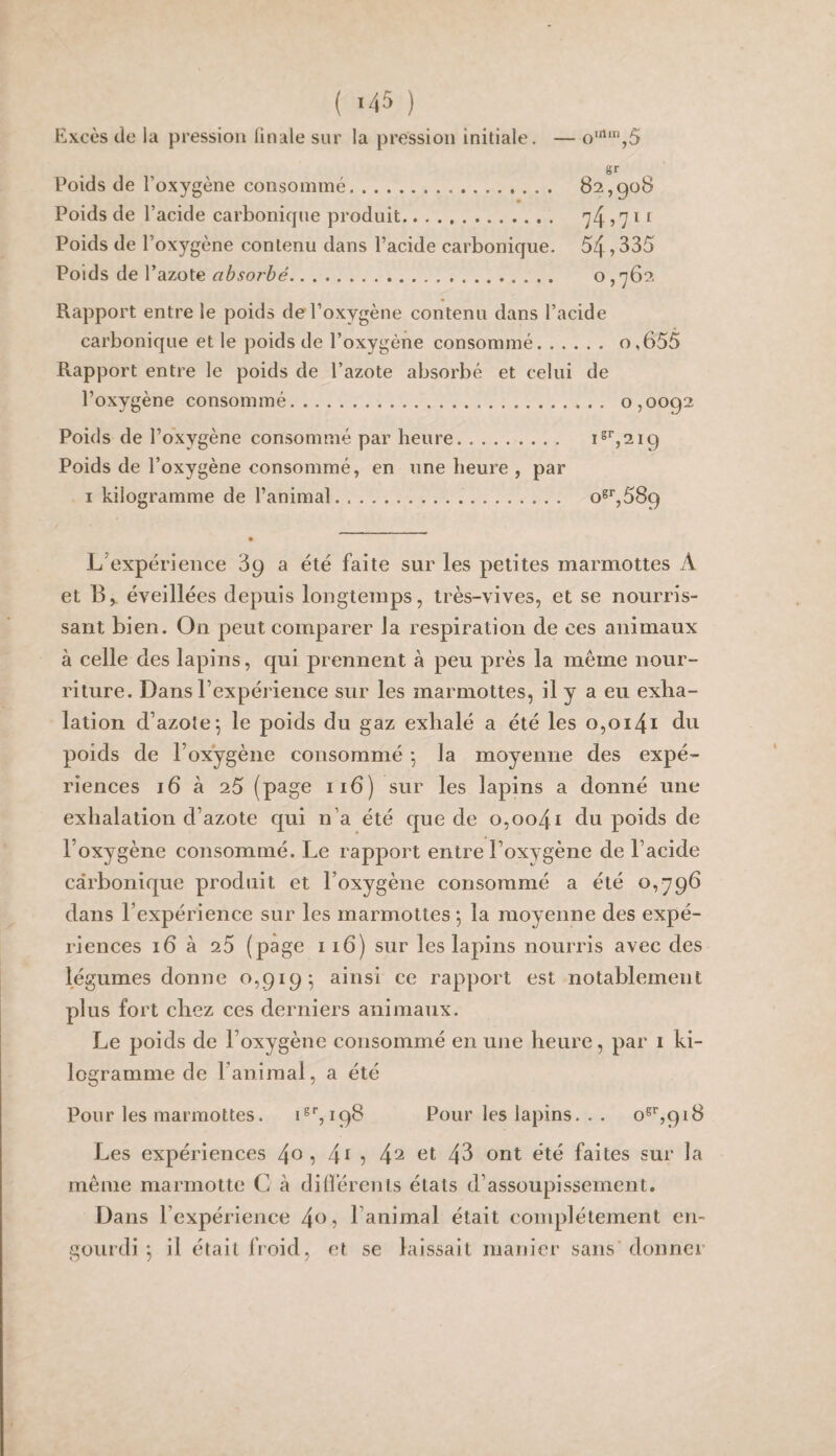 Excès de la pression finale sur la pression initiale. — gr Poids de l’oxygène consommé. 82,908 Poids de l’acide carbonique produit. i Poids de l’oxygène contenu dans l’acide carbonique. 54,335 Poids de l’azote absorbé. o ,762 Rapport entre le poids de l’oxygène contenu dans l’acide carbonique et le poids de l’oxygène consommé. o,655 Rapport entre le poids de l’azote absorbé et celui de l’oxygène consommé. 0,0092 Poids de l’oxygène consommé par heure. 12^,219 Poids de l’oxygène consommé, en une heure , par I kilogramme de l’animal... os*',589 L’expérience 89 a été faite sur les petites marmottes A et B,, éveillées depuis longtemps, très-vives, et se nourris¬ sant bien. On peut comparer la respiration de ces animaux à celle des lapins, cfui prennent à peu près la même nour¬ riture. Dans l’expérience sur les marmottes, il y a eu exha¬ lation d’azote', le poids du gaz exhalé a été les o,oi4i du poids de l’oxygène consommé -, la moyenne des expé¬ riences 16 à 25 (page 116) sur les lapins a donné une exhalation d’azote cpii n’a été c[ue de o,oo4i du poids de l’oxygène consommé. Le rapport entre l’oxygène de l’acide carbonique produit et l’oxygène consommé a été 0,796 dans l’expérience sur les marmottes *, la moyenne des expé¬ riences 16 à 25 (page 116) sur les lapins nourris avec des légumes donne 0,919', ainsi ce rapport est notablement plus fort chez ces derniers animaux. Le poids de l’oxygène consommé en une heure, par 1 ki¬ logramme de l’animal, a été Pour les marmottes. i®’’, 198 Pour les lapins. . . o8'’,9i8 Les expériences 4o î 4^5 4^ et 43 ont été faites sur la même marmotte C à dilféreiUs états d’assoupissement. Dans l’expérience 4^L l’animal était complètement en¬ gourdi ; il était froid, et se laissait manier sans’donner