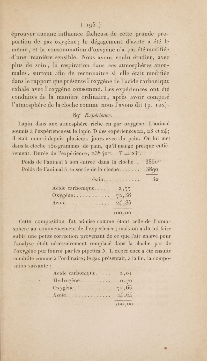 éprouver aucuiie iiillueuce fâcheuse de eelte grande pro¬ portion de gaz oxygène; le dégagement d’azote a été le même, et la consommation d’oxygène n’a pas été modifiée d’une manière sensible. Nous avons voulu étudier, avec plus de soin, la respiration dans ces atmosphères anor¬ males, surtout afin de reconnaître si elle était modifiée dans le rapport que présente l’oxygène de l’acide carbonique exhalé avec l’oxygène consommé. Les expériences ont été conduites de la manière ordinaire, après avoir composé l’atmosphère de la cloche comme nous l’avons dit (p. 102). 89® Expérience. Lapin dans une atmosphère riche en gaz oxygène. L’animal soumis à l’expérience est le lapin D des expériences 22, 23 et 24; il était nourri depuis plusieurs jours avec du pain. On lui met dans la cloche i5o grammes de pain, qu’il mange presque entiè¬ rement. Durée de l’expérience, 23^T = 23. Poids de ranimai à son entrée dans la cloche.. 3860®*^ Poids de l’animal à sa sortie de la cloche. 38go Gain. 3o Acide carbonique. 2î77 Oxygène. 72,38 Azote. 24,85 100,00 Cette composition fut admise comme étant celle de l’atmo¬ sphère au commencement de l’expérience ; mais on a dû lui faire subir une petite correction provenant de ce que l’air enlevé pour l’analyse était nécessairement remplacé dans la cloche par de l’oxygène pur fourni parles pipettes N. L’expérience a été ensuite conduite comme à l’ordinaire; le gaz présentait, à la fin, la compo¬ sition suivante : Acide carbonique. 2,01 Hydrogène. <^,70 Oxygène . .. 7 ;> ,65 Azote. ^4d^4 I00,on