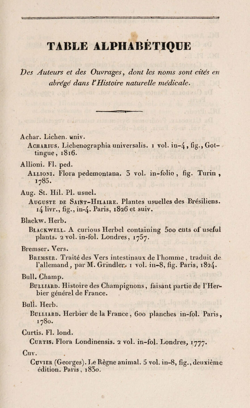 TABLE ALPHABÉTIQÜE Des Auteurs et des Ouvrages, dont les noms sont cités en abrégé dans VHistoire naturelle médicale. ^ A char. Lichen, «niv. Acharius. Lichenographia universalis. i vol. in-4» fig-,Got- tingue, i8i6. Allioni. Fl. ped. Allioni. Flora pedemontana. 3 vol. in-folio , fig. Turin , 1785. Aug. St. Hil. PI. usuel. Auguste de Saint-Hilaire. Plantes usuelles des Brésiliens. i4 livr., fig., in-4. Paris, 1826 et suiv. Blackw. Herb. Blackwell. A curions Herbel containing 5oo cUts of useful plants. 2 vol. in-fol. Londres, 1767. Bremser. Vers. Bremser. Traité des Vers intestinaux de l’homme , traduit de Pallemand, parM. Grindler.. i vol. in-8, fig. Paris, 1824. Bull. Champ. Bulliard. Histoire des Champignons, faisant partie de l’Her¬ bier général de France. Bull. Herb. Bulliard. Herbier de la France, 600 planches in-fol. Paris, 1780. Curtis. Fl. lond. CuRTis. Flora Londinensis. 2 vol. in-fol. Londres, 1777. Cuv. CüviER (Georges). Le Règne animal. 5 vol. in-8, fig., deuxième édition. Pans, i83o.