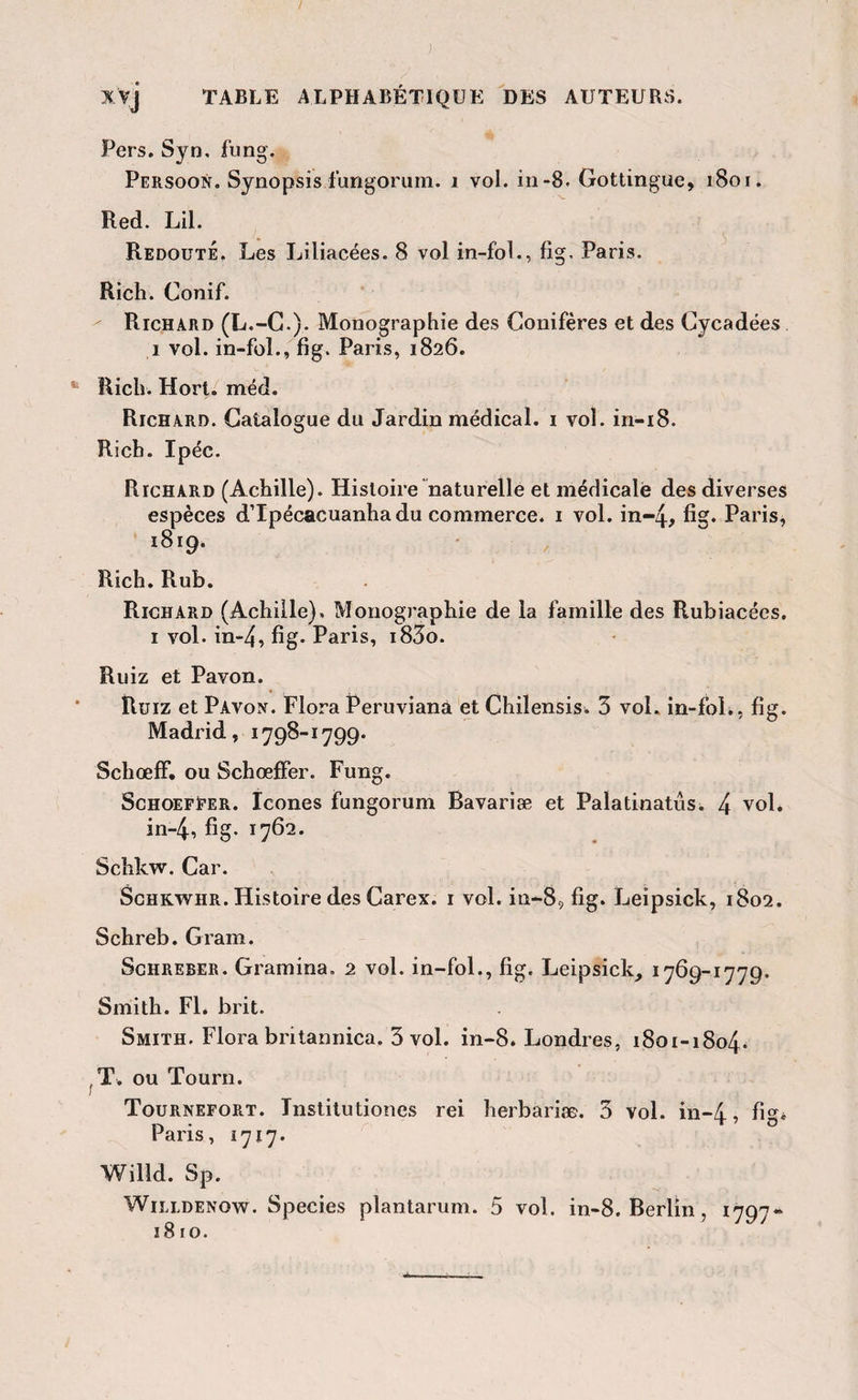 xyj TABLE ALPHABÉTIQUE DBS AUTEURS. Pers. Syn. fung. Persoon. Synopsis fungorum. i vol. in-8. Gottingue, 1801. Red. LU. REDOüTEt Les Liliacées. 8 vol in-foL, fig, Paris. Rich. Conif. ^ Richard (L.-G.). Monographie des Conifères et des Gycadées 1 vol. in-foL, fig. Paris, 1826. Rich. Hort. méd. Richard. Catalogue du Jardin médical, i vol. in-i8. Rich. Ipéc. Richard (Achille). Histoire naturelle et médicale des diverses espèces d’Ipécacuanha du commerce, i vol. in-4, fig. Paris, 1819. Rich. Rub. Richard (Achille). Monographie de la famille des Rubiacées, I vol. in-4, fig- Paris, i83o. Ruiz et Pavon. Ruiz et Pavox. Flora Peruviana et Chiîensisw 3 voL in-foL, fig. Madrid, 1798-1799. Schœff. ou Schœffer. Fung. SchoefEer. Icônes fungorum Bavariæ et PalatinatuSi 4 vol. in-4, fig* 1762. Schkw. Car. ScHKWHR. Histoire des Carex. i vol. in-8, fig. Leipsick, 1802. Schreb. Gram. ScHREBER. Gramina. 2 vol. in-foL, fig. Leipsick, Smith. FL brit. Smith. Flora britannica. 3 vol. in-8. Londres, 1801-1804. ^T. ou Tourn. Tournefort. Instilutiones rei herbariæ. 3 vol. in--4, fig* Paris, 1717. Willd. Sp. WiLLDENOw. Species plantarum. 5 vol. in-8. Berlin, 1797** 1810.