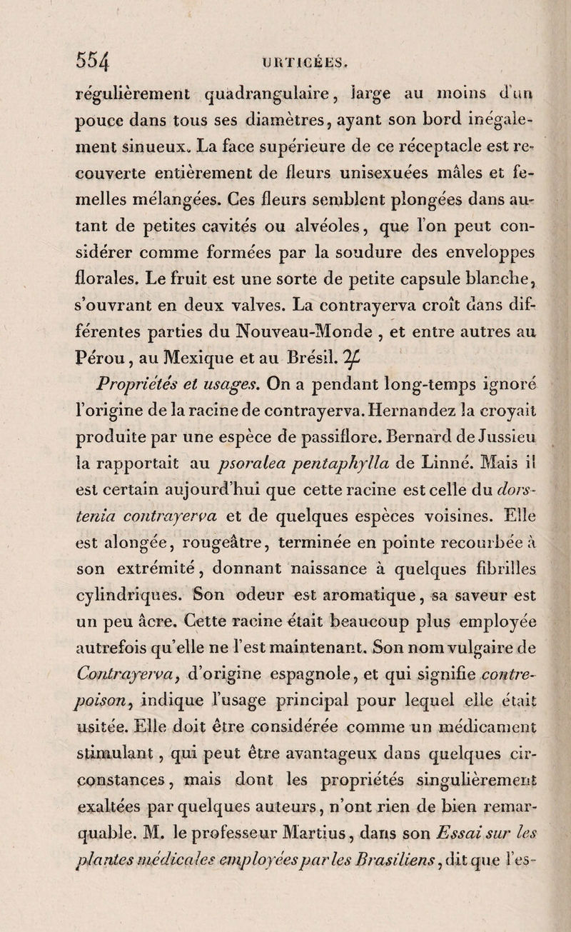 régulièrement qiiàdrangulaire, large au moins d’un pouce dans tous ses diamètres 5 ayant son bord inégale¬ ment sinueux. La face supérieure de ce réceptacle est re¬ couverte entièrement de fleurs unisexuées mâles et fe¬ melles mélangées. Ces fleurs semblent plongées dans au¬ tant de petites cavités ou alvéoles, que l’on peut con¬ sidérer comme formées par la soudure des enveloppes florales. Le fruit est une sorte de petite capsule blanche, s’ouvrant en deux valves. La contrayerva croît dans dif¬ férentes parties du Nouveau-Monde , et entre autres au Pérou, au Mexique et au Brésil. ^ ’ Propriétés et usages. On a pendant long-temps ignoré l’origine de la racine de contrayerva. Hernandez la croyait produite par une espèce de passiflore. Bernard de Jussieu la rapportait au psoraiea pentaphylla de Linné. Mais il est certain aujourd’hui que cette racine est celle du dors- tenia contrayerva et de quelques espèces voisines. Elle est alongée, rougeâtre, terminée en pointe recourbée à son extrémité, donnant naissance à quelques fibrilles cylindriques. Son odeur est aromatique, sa saveur est un peu âcre. Cette racine était beaucoup plus employée autrefois qu’elle ne l’est maintenant. Son nom vulgaire de Contrayerva y d’origine espagnole, et qui signifie contre¬ poison y indique l’usage principal pour lequel elle était usitée. Elle doit être considérée comme un médicament stimulant, qui peut être avantageux dans quelques cir¬ constances , mais dont les propriétés singulièrement exaltées par quelques auteurs, n’ont rien de bien remar¬ quable. M. le professeur Martius, dans son Essai sur les plantes médicales employées parles Brasiliens, dit que les-