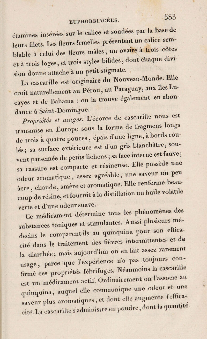 étamines insérées sur le calice et soudées par la base de leurs filets. Les fleurs femelles présentent un calice sem¬ blable à celui des fleurs mâles, un ovaire à trois cotes et à trois loges, et trois styles bifides, dont chaque divi¬ sion donne attache à un petit stigmate. , La cascarille est originaire du Nouveau-Monde. Elle croît naturellement au Pérou, au Paraguay, aux ilesLu- cayes et de Babama : on la trouve également en abon¬ dance à Saint-Domingue. Propriétés et usages. L’écorce de cascarille nous est transmise en Europe sous la forme de fragmens longs de trois à quatre pouces, épais d’une ligne, à bords rou¬ lés; sa surface extérieure est d’un gris blanchâtre, sou¬ vent parsemée de petits lichens ; sa face interne est fauve; sa cassure est compacte et résineuse. Elle possédé une odeur aromatique , assez agréable, une saveur un peu âcre, chaude, amère et aromatique. Elle renferme beau- coup de résine, et fournit à la distillation un huile volatile verte et d’une odeur suave. ^ Ce médicament détermine tous les phenomenes des substances toniques et stimulantes. Aussi plusieurs mé¬ decins le comparent-ils au quinquina pour son effica¬ cité dans le traitement des fièvres intermittentes et de la diarrhée; mais aujourd’hui on en fait assez rarement usage, parce que l’expérience n’a pas toujours con¬ firmé ces propriétés fébrifuges. Néanmoins la cascarille est un médicament actif. Ordinairement on 1 associe au quinquina, auquel elle communique une odeur et une saveur plus aromatiques , et dont elle augmente ! effica¬ cité. La cascarille s’administre en poudre, dont la quantité