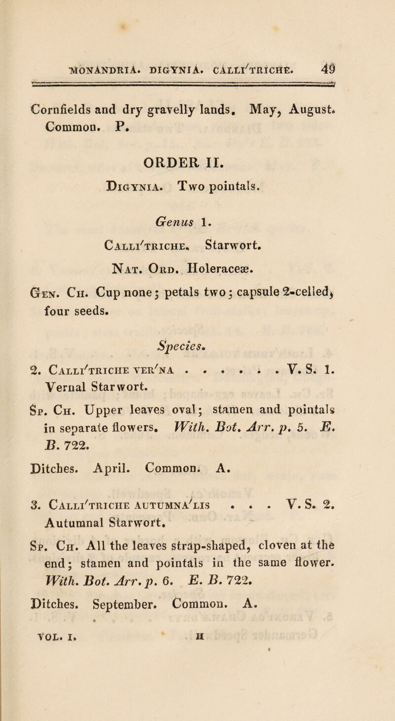 Cornfields and dry gravelly lands. May, August. Common. P. ORDER II. Digynia. Two pointals. Genus 1. Call^triche. Starwort. Nat. Ord. Iloleraceae. Gen. Ch. Cup none* petals two; capsule 2-celled* four seeds. Species. 2. Calli'triche ver'na . . . . . . Y. S. !. Vernal Starwort. §p. Ch. Upper leaves oval; stamen and pointals in separate flowers. With. Bot. Arr. p. 5. E. B. 722. Ditches. April. Common; A. 3. Calli'triche autumna'lis ... V. S. 2. Autumnal Starwort. Sp. Ch. All the leaves strap-shaped, cloven at the end; stamen and pointals in the same flower. With. Bot. Arr. p. 6. E. B. 722, Ditches. September. Common. A. H VOL. I. I