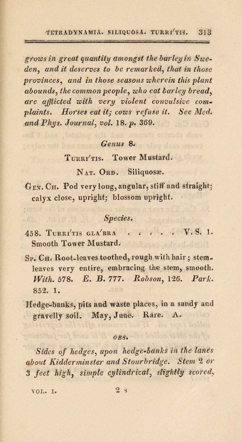 grows in great quantity amongst the hurley in Swe¬ den, and it deserves to be remarked, that in those provinces, and in those seasons wherein this plant abounds, the common people, who eat barley bread, are afflicted with very violent convulsive com¬ plaints. Horses eat it; cows refuse it. See Med. and Phys. Journal, vol. 18. jo. 369. Genus 8. Turri/tis. Tower Mustard. Nat. Ord, Siliquosse. Gen. Ch. Pod very long, angular, stiff and straight; calyx close, upright; blossom upright. Species. 458. Turri'tis gla'bra . . * . . V. S. 1. Smooth Tower Mustard. Sp. Ch. Root-leaves toothed, rough with hair; stem- leaves very entire, embracing the stem, smooth. With. 578. E. B. 777. Robson, 126. Park. 852. 1. Hedge-banks, pits and waste places, in a sandy and gravelly soil. May, June. Rare. A. oBs* Sides of hedges, upon hedge-banks in the lanes about Kidderminster and Stourbridge. Stem 2 or 3 feet high, simple cylindrical, slightly scored, 2 s VOL. I.