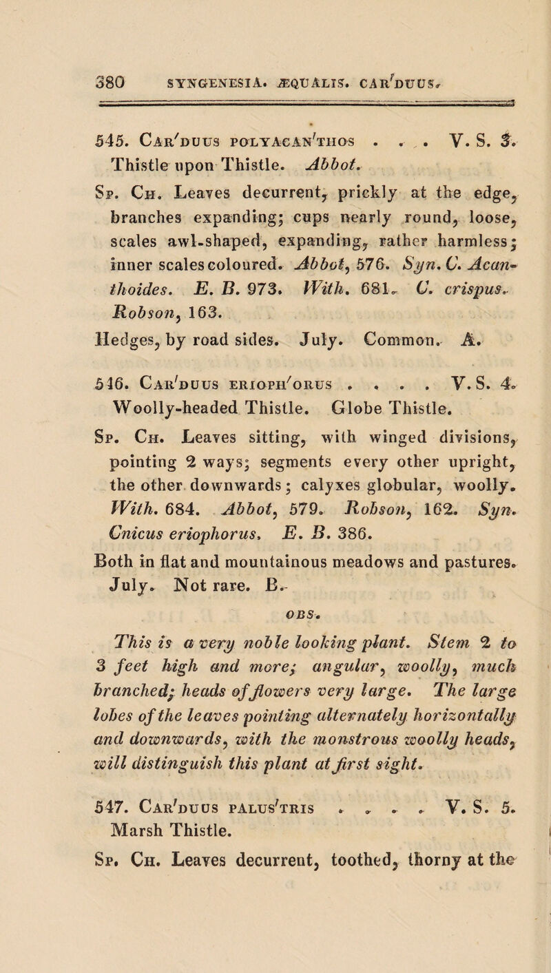 545. Car'duus polyacan'thos . . . V. S. S, Thistle upon Thistle. Abbot. Sf. Ch. Leaves deeurrenty prickly at the edge, branches expanding; cups nearly round, loose, scales awl-shaped, expandingy rather harmless; inner scales coloured. Abbot^ 576. S^n.C. Acan- tlioides. E. B. 973» With. 681.^ C. crispus.- Robso7ty 163. Hedges, by road sides. July. Common. A. 546. Car'suus erioph^orus .... V. S. 4. Woolly-headed Thistle. Globe Thistle. Sp. Ch. Leaves sitting, with winged divisions, pointing 2 ways; segments every other upright, the other downwards; calyxes globular, woolly. With. 684. Abbot^ 579. Robson^ 162. Spn. Cnicus eriophorus, E. B. 386. Both in flat and mountainous meadows and pastures. July. Not rare. B.- OBS. This is a very noble looking plant. Stem 2 to 3 feet high and more; angular^ woolly^ much branched; heads ©fflowers very large. The large lobes of the leaves pointing alternately horizontally and downwards^ with the monstrous woolly heads^ will distinguish this plant at first sight. 547. Car'duus palus'tris . . . . V. S. 5. Marsh Thistle. Sp. Ch. Leaves decurrent, toothed, thorny at the