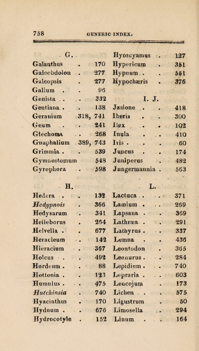 , G. Hyoscyamus L27 Galanthus • 170 Hypericum 361 Galecbdolon • 277 Hypoum . 561 Galeopsis • 277 Hypochaeris 376 Galium • 96 Genista . . • 332 I. J. Gentiana • • 138 Jasione .. 418 Geranium 318, 741 Iberis , 300 Geum • 241 lijBX , 1Q2 Glechoma • 268 Inijila 410 Gnaphalium . 389, 743 Iris . ^ 60 Grimmia . • 539 Juncus 174 Gymoostomum $48 Juniperus 482 Gyropliora • $98 JuDgermaunia . 563 H. • L. Hedera • 132 Lactuca . . . > 371 Hedypnois 366 Lamium • 269 Hedysarum 341 Lapsaiia . 369 Heileborus 264 Lathraea . 291 Helvella . 677 Latbyrus . 337 Heracieum 142 Lemna . • 436 Hieracium 367 Leontodon 365 Holcus 492 Leonurus. 284 Hordeiim • 88 Lepidium . 740 Hottonia . 123 Lepraria . 603 Humulus . 475 Leucojum 173 Uutchinsia 740 Lichen . . . 675 Hyacinthus 170 Ligustrum 60 Hydnum . 676 Limosella 294 Hydrocotyle • 152 Linum 164