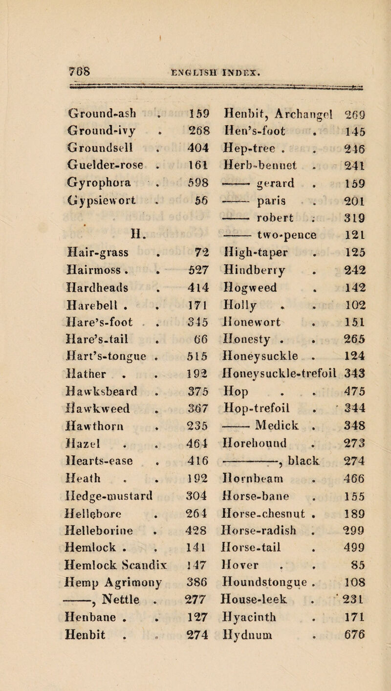 Ground-ash 159 Henbit, x4rchangel 269 Ground-ivy 268 Hen’s-foot . 145 Groundsell 404 Hep-tree . 246 Guelder-rose . 161 Herb-bennet 241 Gyrophora 598 —- gerard 159 Gypsieviort 56 —— paris 201 - robert 319 IL - two-pence 121 Hair-grass 7'2 High-taper 125 Hairmoss . 527 Hindbeny 242 Hardheads 4l4 Hogweed 142 Harebell . 171 Holly 102 Hare’s-foot . . 845 Hone wort 151 Hare’s-tail 66 Honesty . 265 JIarl’s-tongue . 515 Honeysuckle . 124 Hather 192 Honevsuckle-trefoil •r 343 Havvksbeard 375 Hop 475 llawkweed 367 Hop-trefoil 344 Hawthorn 235 -Medick . 348 Hazel 464 Ho rehound 273 Hearts-ease 416 --7—, black 274 Heath 192 Hornbeam 466 Iledge-miistard 304 Horse-bane 155 Hellebore 264 Horse-chesnut , 189 Helleboiine 428 Horse-radish 299 Hemlock . 141 Horse-tail 499 Hemlock Scandix 147 Hover 85 Hemp Agrimony 386 Houndstongue . 108 -, Nettle . 277 House-leek 231 Henbane , 127 Hyacinth 171 Henbit 274 Hydnum 676