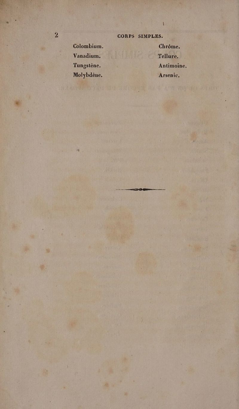 Vanadium. Tungstène. Molybdène. Chrôme. Tellure. Antimoine, Arsenic.