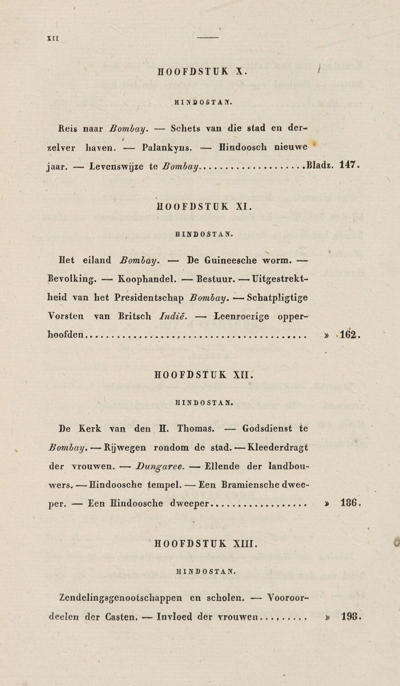 HOOFDSTUK X. i HINBOSTAN. Reis naar Bombay. — Schets van die stad en der- i aelver haven. — Palankyns. — Hindoosch nieuwe jaar. — Levenswijze te Bombay..Bladz. 147. HOOFDSTUK XI. HINDOSTAIf. Het eiland Bombay. — De Guineesche worm. — Bevolking. — Koophandel. — Bestuur. —&gt; Uitgestrekt¬ heid van het Presidentschap Bombay. — Schatpligtige Vorsten van Britsch Indië. — Leenroerige opper¬ hoofden ... » . 162. HOOFDSTUK XII. ' ' HINDOSTAIf. De Kerk van den H. Thomas. — Godsdienst te Bombay. — Rijwegen rondom de stad. — Kleederdragt der vrouwen. — Dungaree. — Ellende der landbou¬ wers.— Hindoosche tempel. — Een Bramiensche dwee- per. — Een Hindoosche dweeper. » 186. % HOOFDSTUK XIII. 0 HINDOSTAN. I Zendelingsgenootschappen en scholen. — Vooroor- deelen der Casten. — Invloed der vrouwen. » 198.