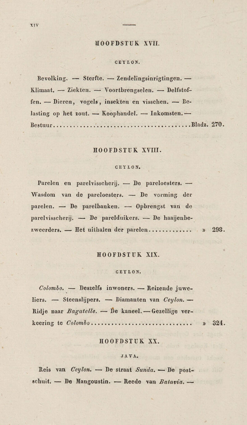 XTY HOOFDSTUK XVII. CEYLON. Bevolking. • Sterfte. — Zendelingsinrigtingen. — Klimaat. —- Ziekten. — Voortbrengselen. — Delfstof¬ fen. — Dieren, vogels, insekten en visschen. — Be¬ lasting op bet zout. — Koophandel. — Inkomsten.— Bestuur...Bladz. 270. HOOFDSTUK XVIII. CEYLON. Parelen en parelvisscherij. — De pareloesters. — Wasdom van de pareloesters. — De voiming der parelen. — De parelbanken. •—• Opbrengst van de parelvisscherij. — De parelduikers. — De haaijenbe- zweerders. — Het uithalen der parelen. » 298. HOOFDSTUK XIX. CEYLON. Colombo. — Deszelfs inwoners. — Reizende juwe- % liers. — Steenslijpers. — Diamanten van Ceylon. — Ridje naar Bagatelle. — De kaneel. — Gezellige ver- keering te Colombo. » 324. HOOFDSTUK XX. JAVA. Reis van Ceylon. '— De straat Sunda. ■— De post-» schuit. — De Mangoustin. — Reede van Batavia. •—