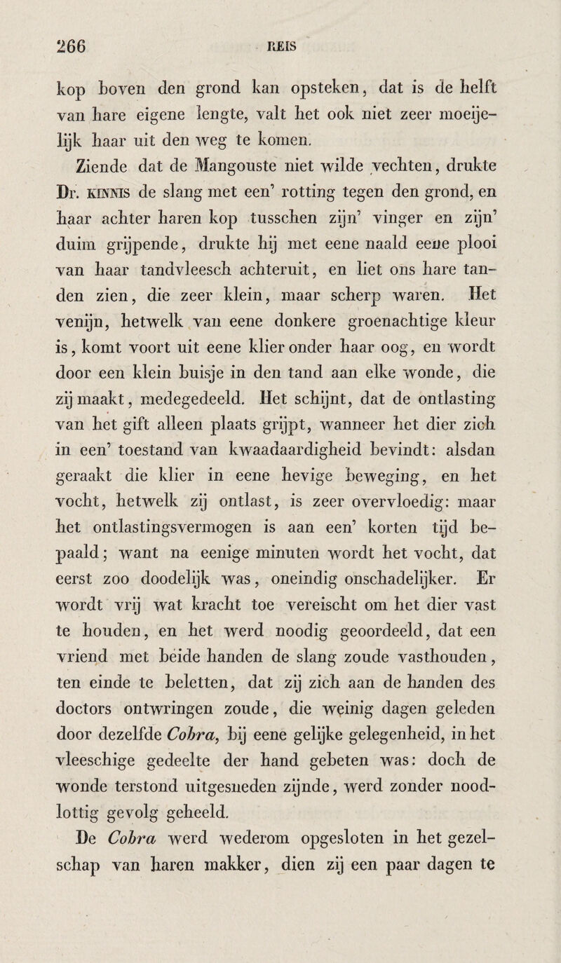 kop boven den grond kan opsteken, dat is de helft van hare eigene lengte, valt het ook niet zeer moeije- lijk haar uit den weg te komen. Ziende dat de Mangouste niet wilde vechten, drukte Dl KINWS de slang met een’ rotting tegen den grond, en haar achter haren kop tusschen zijn’ vinger en zijn’ duim grijpende, drukte hij met eene naald eene plooi van haar tandvleesch achteruit, en liet ons hare tan¬ den zien, die zeer klein, maar scherp waren. Het venijn, hetwelk van eene donkere groenachtige kleur is, komt voort uit eene klier onder haar oog, en wordt door een klein huisje in den tand aan elke wonde, die zij maakt, medegedeeld. Het schijnt, dat de ontlasting van het gift alleen plaats grijpt, wanneer het dier zich in een’ toestand van kwaadaardigheid bevindt: alsdan geraakt die klier in eene hevige beweging, en het vocht, hetwelk zij ontlast, is zeer overvloedig: maar het ontlastingsvermogen is aan een’ korten tijd be¬ paald ; want na eenige minuten wordt het vocht, dat eerst zoo doodelijk was, oneindig onschadelijker. Er wordt vrij wat kracht toe vereischt om het dier vast te houden, en het werd noodig geoordeeld, dat een vriend met heide handen de slang zoude vasthouden, ten einde te beletten, dat zij zich aan de handen des doctors ontwringen zoude, die weinig dagen geleden door dezelfde Cohra^ hij eene gelijke gelegenheid, in het vleeschige gedeelte der hand geheten was: doch de wonde terstond uitgesneden zijnde, werd zonder nood¬ lottig gevolg geheeld. ' De Cobra werd wederom opgesloten in het gezel¬ schap van haren makker, dien zij een paar dagen te