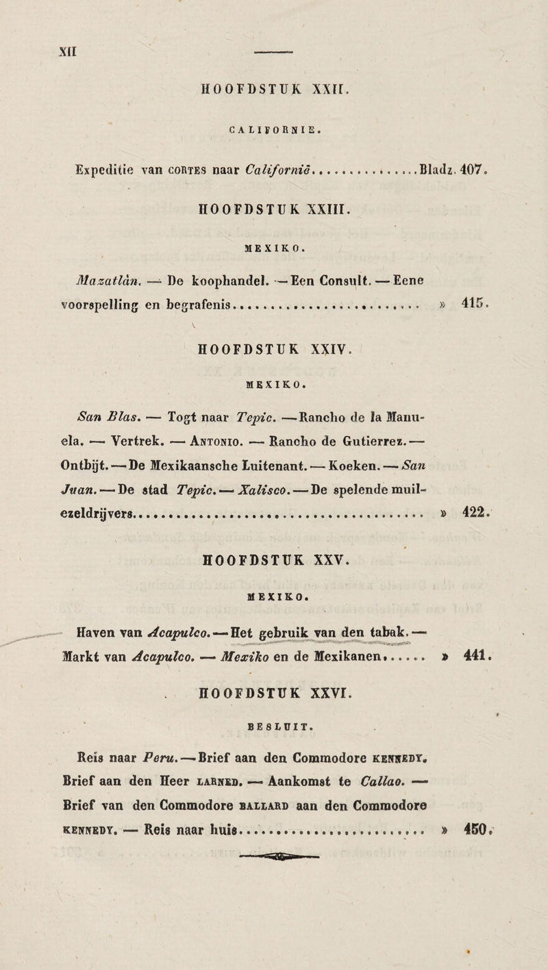 HOOFDSTUK XXII. GALIÏORNIE. Expeditie van cortes naar California.. *.Bladz. 407. HOOFDSTUK XXIII. M E X I K o . Mazatlan, —^ De koophandel. —Een Consult.—Eene voorspelling en begrafenis. » 415. \ HOOFDSTUK XXIV. MEXIKO. San Bias, — Togt naar Tepic.—Rancho de ïa Manii- ela. •— Vertrek. — Antonio. — Rancho de Gutierrez.— Ontbijt. ■— De Mexikaansche luitenant. — Koeken. — San Jnan. •— De stad Tepic, —- Xalisco, — De spelende muil¬ ezeldrijvers... 's&gt; 422. HOOFDSTUK XXV. UEXIKO. Haven van Acapuleo,-^‘E.Qi gebruik van den tabak.— Markt van Acapulco, — Mexiko en de Mexikanen#..... » 441. HOOFDSTUK XXVI. BESLUIT. Reis naar Peru.—-Brief aan den Commodore Kennedy, Brief aan den Heer earned. Aankomst te Callao. Brief van den Commodore ballard aan den Commodore KENNEDY, — Rois naar huis.... » 450*