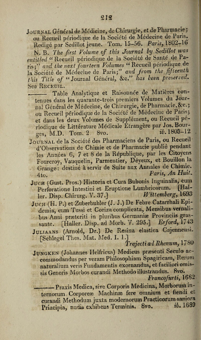 Journal General de Medicine, de Chirurgie, et dePharmacie; ou Reciieil periodique de la Societe de Medecine de Paris, Kedige par Sedillot jeune. Tom. 15-56. Pam, 1802-16 N. B. The first Volume of this Journal hy Sedillot was entitled Recueil periodique de la Societe de Saute de Pa¬ ris;’’ and the next fourteen Volumes Recueil periodique de | la Societe de Mcdeciue de Paris; ’ and from the fifteenth ; this Title o/‘‘Journal General, &amp;:c.” has been preferred. , Sea Reckujl. —- Table Analytique et Raisonnde de Matieres eon- tenues dans les quarante-trois premiers Volumes du Jour¬ nal General de Medecine, de Chirurgie, de Pharmacie,&amp;e.; ou Recueil periodique de la Societe de Medecine de ^Paris; et dans les deux Volumes de Supplement, ou Recueil pe¬ riodique de Litterature Mddicale Etrangere par Jos.Bour- ges, M.D. Tom. 2 8vo. iZ/. 1803-12 . Journal de la Socidte des Pharmaciens de Paris, ou Recueil d’Observations de Chimie et de Pharmacie public pendant les Annees 6, 7 et 8 de la Republique, par les Citoyens Fourcroy, Vauquelin, Parmentier, Deyeux, et Bouillon la Grange: destine ^servir de Suite aux Annales de Chimie. Paris, An Huit^ JuuH (Gust. Pros.) Historia ct Cura Bubonis Inguinalis, cum Perforatione Intestini et Eruptione Lumbricorum. [Hal¬ ler. Disp. Chirurg. V. 37.] MTttemherg, 1693 . JucH (H. P.) et Zuberbiibler (J. J.) De Febre Catarrhali Epi- ; demia', cum Tussi et Corizacomplicata, Mensibus yernali- bus Anni praeteriti in pluribus Germaniae Provinciis gras- saute. [Haller. Disp. ad Morb. V. 295.] Erford, 1743 Jultaans (Arnold, Dr.) De Resina elastiea Cajennensi. rScblegel Thes. Mat. Med. I. L] Trajecti ad Phenum, 1781)' JUNGKEN (Johannes Helfricus) Medicus priEsenti Seculo ac- commodandus per veram Pbilosophiam Spagiricam, Reriini naturalium veris Fundamentis exornandus, et faciliori omis- sis Generis Morbos curandi Methodo illustrandus. 8vo. Francofurti, 1682 ____Praxis Medica, sive Corporis Medicina, Morborum in- ternorum Corporeee Machinae fere omnium et fiendi et curandi Methodum juxta modernorum Practicorum saniora Principia, nudi^ exbibens Terminis, 8vo. ih* 1689