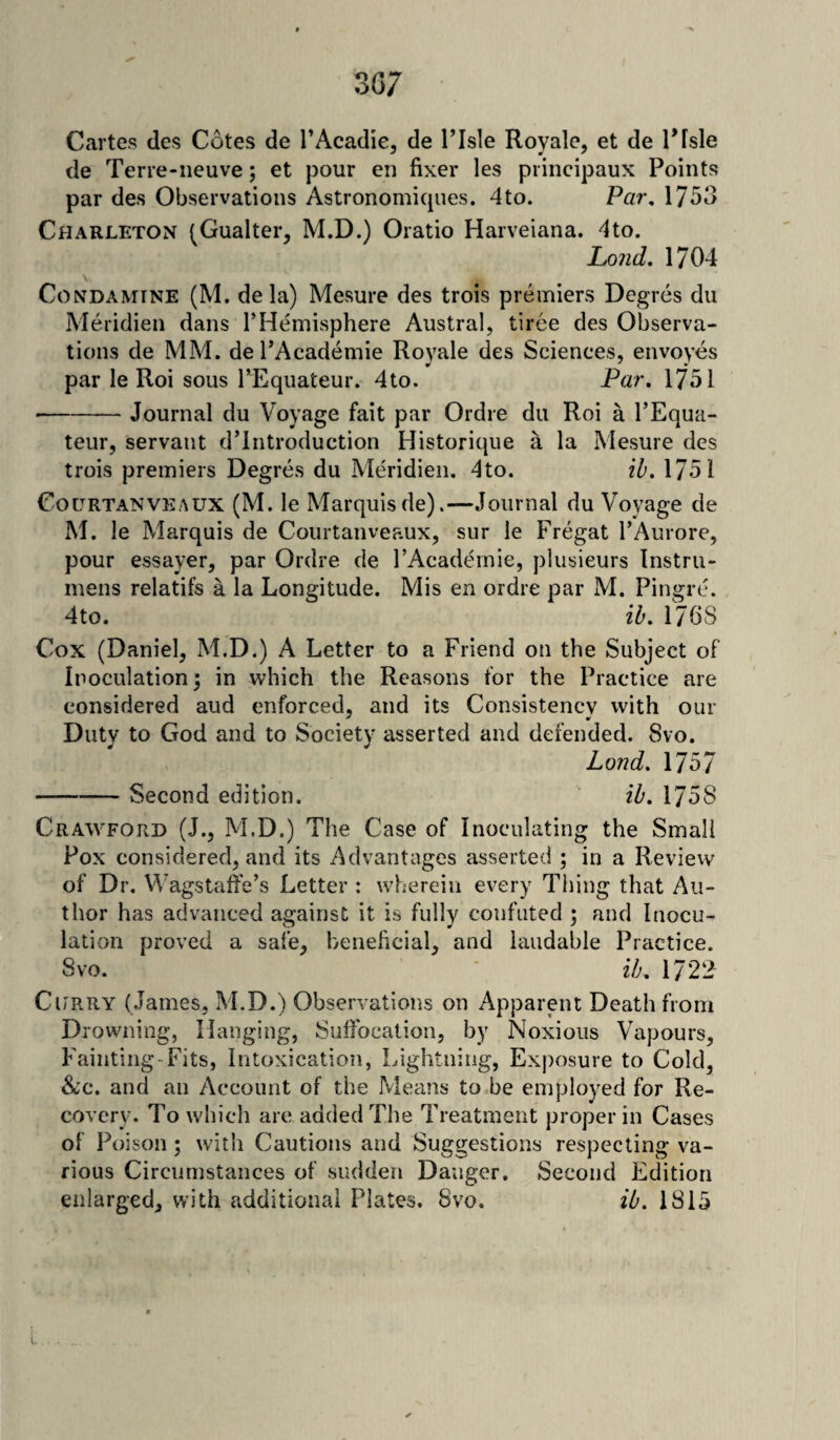 Cartes des Cotes de l’Acadie, de l’lsle Royale, et de Pfsle de Terre-neuve; et pour en fixer les principaux Points par des Observations Astronomicpies. 4to. Par. 1753 Charleton (Gualter, M.D.) Oratio Harveiana. 4to. Loud. 1704 \ Condamine (M. de la) Mesure des trois premiers Degres du Meridien dans VHemisphere Austral, tiree des Observa¬ tions de MM. del’Academie Royale des Sciences, envoyes par le Roi sous l’Equateur. 4to. Par. 1751 -Journal du Voyage fait par Ordre du Roi a l’Equa- teur, servant d’lntroduction Historique a la Mesure des trois premiers Degres du Meridien. 4to. ib. 1751 Courtanveaux (M. le Marquis de).—Journal du Voyage de M. le Marquis de Courtanveaux, sur le Fregat l’Aurore, pour essayer, par Ordre de I’Academie, plusieurs Instru- mens relatifs a la Longitude. Mis en ordre par M. Pingre. 4to. ib. 17 6 S Cox (Daniel, M.D.) A Letter to a Friend on the Subject of Inoculation; in which the Reasons for the Practice are considered aud enforced, and its Consistency with our * * Duty to God and to Society asserted and defended. Svo. Land. 1757 --Second edition. ib. 1758 Crawford (J., M.D.) The Case of Inoculating the Small Pox considered, and its Advantages asserted ; in a Review of Dr. Wagstaffe’s Letter : wherein every Thing that Au¬ thor has advanced against it is fully confuted ; and Inocu¬ lation proved a safe, beneficial, and laudable Practice. Svo. ib. 1722 Curry (James, M.D.) Observations on Apparent Death from Drowning, Hanging, Suffocation, by Noxious Vapours, Fainting- Fits, Intoxication, Lightning, Exposure to Cold, &c. and an Account of the Means to be employed for Re¬ covery. To which are added The Treatment proper in Cases of Poison ; with Cautions and Suggestions respecting va¬ rious Circumstances of sudden Danger. Second Edition enlarged, with additional Plates. Svo. ib. 1815