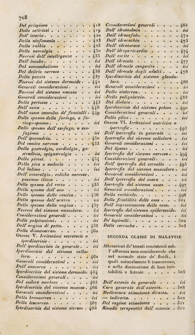 Del priapismo . . . . . . . 418 Della satiriasi ..4*9 Dell' isteria.420 Della ninfomania . . . « . • 42^ Della rabbia.42^ Della nevralgia.4^° Nevrosi dell' intelligenza . . «435 Dell' incubo ........ ivi Del sonnambulismo . • . • • ivi Del delirio nervoso . . . . . ^6 Della pazzia . . * . . . * 4^7 Neurosi del sistema dermoide . . 442 Generali considerazioni. . • » ivi Nevrosi del sistema mucoso • • ivi Generali considerazioni . . . . ivi Della pertosse . • . . » . *44^ Dell' asma . • . . . . . : 44^ Dell' asma convulso de fanciulli • 449 Dello spasmo della faringe, o fa- ringo-spasmo. ivi Dello spasmo deli1 esofago, o eso¬ fagismo ........ ivi Dell' ipocondria. . . . . • . ^5o Del vomito nervoso . . . . «4^3 Della gastralgìa, cardialgìa , ga- strodinìa, epigastralgìa . . . ivi Della pirosi. . 4^4 Della pica o malacìa .... ivi Del buiimo.ivi Dell' enteralgìa, coliche nervose, passione iliaca.ivi Dello spasmo del retto . . . .455 Dello spasmo dell' ano .... ivi Dello spasmo della vescica . . . f\ 56 Dello spasmo dell' uretra . . . ivi Dello spasmo della vagina . . *4^7 Nei >rosi del sistema muscolare. . ivi Considerazioni generali .... ivi Delle palpitazioni. ..... ivi Dell' angina di petto. .... 4*58 Della dismenorrea. ..... ^60 Ordine V. Irritazioni secretorie o iperdiacrisie ....... ivi Dell' iperdiacrisia in generale . . ivi Jperdiacrisie del sistema cellu¬ lare. .... 462 Generali considerazioni .... ivi Dell' anasarca ....... ivi Jperdiacrisie del sistema dermoide. 4^4 Considerazioni generali .... ivi Del sudore morboso.4^5 Jperdiacrisie del sistema mucoso . !\ 66 Generali considerazioni .... ivi Delia broncorrea ...... ivi Della leucorrea. . . . . . - 4^7 Jperdiacrisie del sistema sieroso . 468 Considerazioni generali .... 468 Dell' idrottalmia ...... ivi Dell' idrocefalo.473 Dell' idrorachia.*47^ Dell' idrotorace ...... ivi Dell' idropericardio . . . . • 4?4 JJeli osi, ite • . . « . . * . ivi Dell' idrocele . . . . . . *477 Dell' idrocele congenito * . . . ivi Deli' idrocele degli adulti. . .478 Jperdiacrisie del sistema glando¬ lare. ... 486 Generali considerazioni .... ivi Della sialorrea ....... ivi Della poligalattia.488 Del diabete.- . . ivi Jperdiacrisie del sistema peloso . 490 Considerazioni generali. . . . ivi Della plica ........ ivi Ordine VI. Irritazioni nutritive o ipertrofie . . . . . . . *49^ Dell' ipertrofia in generale . . ivi Ipertrofia del sistema cellulare . ivi Generali considerazioni . • . . ivi Del lipoma ...... .. ivi Ipertrofie del sistema nervoso • . 494 Considerazioni generali. . . . ivi Dell' ipertrofia del cervello . • 49^ Ipertrofie del sistema muscolare . ivi Generali considerazioni . . . . ivi Dell' ipertrofia del cuore . . . ivi Ipertrofie del sistema osseo . « 497 Generali considerazioni .... ivi Della rachitide.498 Della friabilità delle ossa . . . 5oi Dell' ingrossamento delle ossa. . ivi Ipertrofie del sistema epidermoide. ivi Generali considerazioni . . . . ivi De' lupine Ili. . . • . . . . 5o 2 Delle verruche . 5o3 SECONDA CLASSE DI MALATTIE Alterazioni de’tessati consistenti nel- 1’ affluenza men considerevole che nel normale stato de’ fluidi, i quali naturalmente li trascorrono, e nella diminuzione di loro irri¬ tabilità o Astenie ..... 5o5 Dell’ astenia in generale « • • ivi Cura generale dell' astenia. . . 5oS Medicatura stimolante diretta. . ivi — indiretta. . . . . . . . 5io Del regime stimolante . . . . 51 r Rimedii terapeutici dell' astenia . 51 2 «■