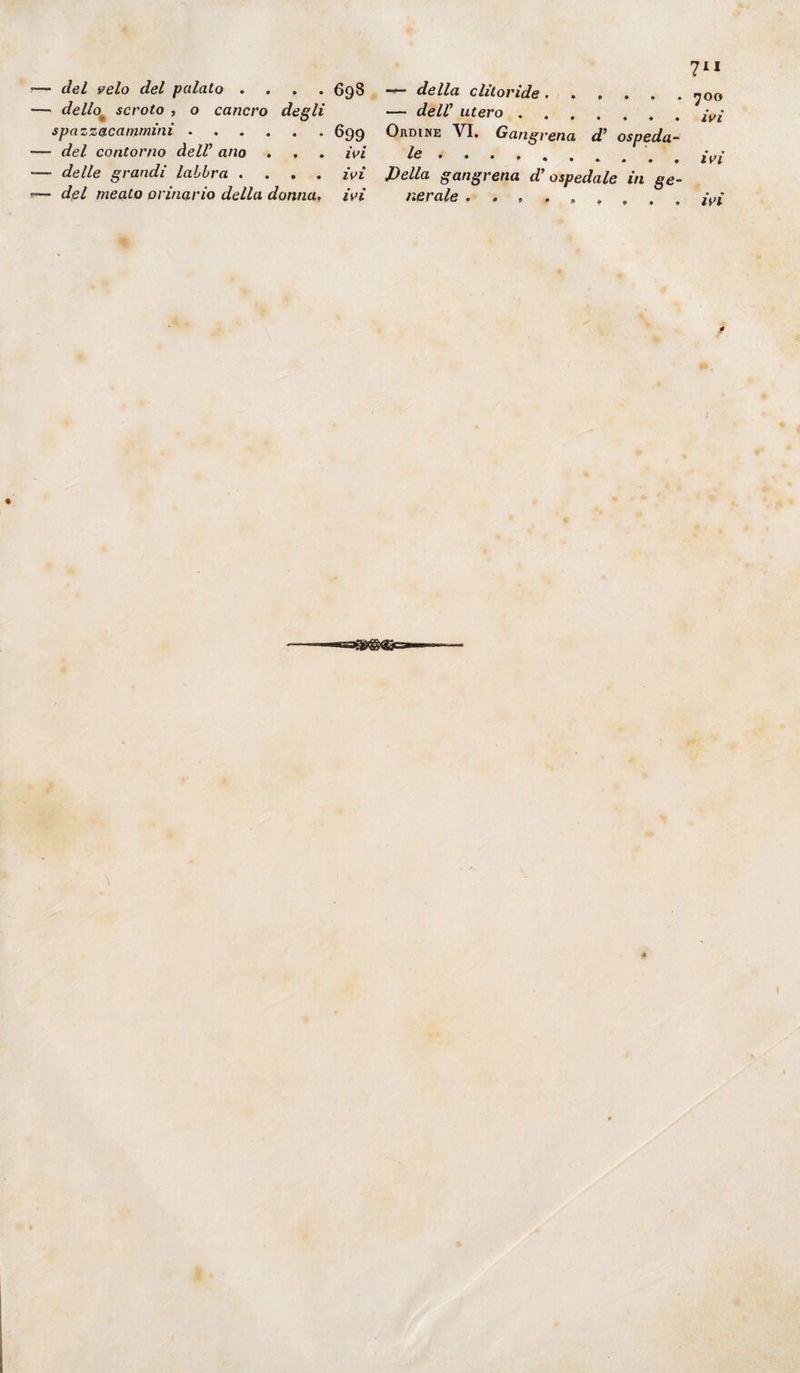 — del velo del palato . — dello scroto , o cancro degli spazzacanimini. •— del contorno dell’ ano . . — delle grandi labbra .... — del meato orinario della donnat 698 699 ivi • • IVI ivi 711 della clitoride ...... yoo utero ....... /Vi Ordine VI. Gangrena d’ ospeda- .. ivi Della gangrena dy ospedale in ge¬ nerale ......... ivi