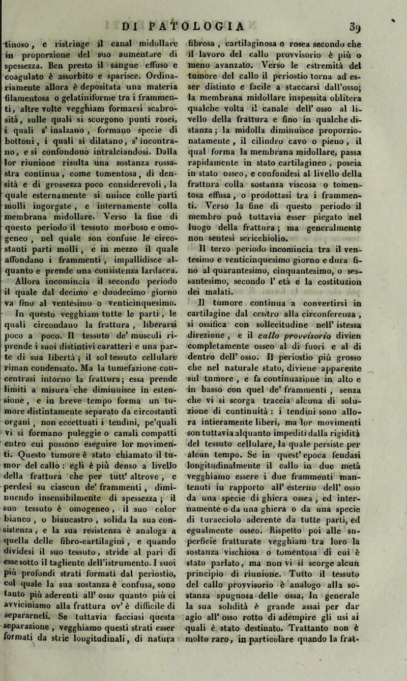 ■tinoso, e ristringe >1 canal midollare in proporzione del suo aumentare di spessezza. Ben presto il sangue effuso e coagulato è assorbito e sparisce. Ordina¬ riamente allora è depositata una materia filamentosa o gelatiniforme tra i frammen¬ ti, altre volte vegghiam formarsi scabro¬ sità , sulle quali si scorgono punti rosei, i quali s’ inalzano , formano specie di bottoni, i quali si dilatano, s’incontra¬ no, e si confondono intralciandosi. Dalla lor riunione risulta una sostanza rossa¬ stra continua, come tomentosa, di den¬ sità e di grossezza poco considerevoli, la quale esternamente si unisce colle parti molli ingorgate , e internamente colla membrana midollare. Verso la fine di questo periodo il tessuto morboso e omo¬ geneo , nel quale son confuse le circo¬ stanti parti molli , e in mezzo il quale affondano i frammenti , impallidisce al¬ quanto e prende una consistenza lardacea. Allora incomincia il secondo periodo il quale dal decimo e duodecimo giorno va fino al ventesimo o venticinquesimo. In questo vegghiam tutte le parti , le i quali circondano la frattura , liberarsi poco a poco. Il tessuto de’ muscoli ri¬ prende i suoi distintivi caratteri e una par¬ te di sua libertà ; il sol tessuto cellulare riman condensato. Ma la tumefazione con¬ centrasi intorno la frattura; essa prende limiti a misura che diminuisce in esten¬ sione , e in breve tempo forma un tu¬ more distintamente separato da circostanti organi, non eccettuati i tendini, pe’quali vi si formano puleggie o canali compatti entro cui possono eseguire lor movimen¬ ti. Questo tumore è stato chiamato il tu- mor del callo : egli è più denso a livello della frattura che per tutt’ altrove, e perdesi su ciascun de’ frammenti, dimi¬ nuendo insensibilmente di spessezza ; il suo tessuto è omogeneo , il suo color bianco , o biancastro , solida la sua con¬ sistenza , e la sua resistenza è analoga a quella delle Gbro-cartilagini , e quando dividesi il suo tessuto, stride al pari di esse sotto il tagliente dell’istrumento. I suoi più profondi strati formati dal periostio, col quale la sua sostanza è confusa, sono tanto più aderenti all’ osso quanto più ci avviciniamo alla frattura ov’ è difficile di separameli. Se tuttavia facciasi questa separazione , vegghiamo questi strati esser formati da strie longitudinali, di natura fibrosa , cartilaginosa o rosea secondo che il lavoro del callo provvisorio è più o meno avanzato. Verso le estremità del tumore del callo il periostio torna ad es¬ ser distinto e facile a staccarsi dall’osso; la membrana midollare inspessita oblitera qualche volta il canale dell’ osso al li¬ vello della frattura e fino in qualche di¬ stanza ; la midolla diminuisce proporzio¬ natamente , il cilindro cavo o pieno , il qual forma la membrana midollare, passa rapidamente in stato cartilagineo , poscia in stato osseo, e confondesi al livello della frattura colla sostanza viscosa o tomen¬ tosa effusa, o prodottasi tra i frammen¬ ti. Verso la fine di questo periodo il membro può tuttavia esser piegato nel luogo della frattura ; ma generalmente non sentesi scricchiolio. Il terzo periodo incomincia tra il ven¬ tesimo e venticinquesimo giorno e dura fi¬ no al quarantesimo, cinquantesimo, o ses¬ santesimo, secondo 1’ età e la costituzion dei malati. Il tumore continua a convertirsi in cartilagine dal centro alla circonferenza , si ossifica con sollecitudine nell’ istessa direzione , e il callo provvisorio divien completamente osseo al di fuori e al di dentro dell’ osso. Il periostio più grosso che nel naturale stato, diviene apparente sul tumore , e fa continuazione in alto e in basso con quel de’ frammenti , senza che vi si scorga traccia alcuna di solu¬ zione di continuità : i tendini sono allo¬ ra intieramente liberi, ma lor movimenti son tuttavia alquanto impediti dalla rigidità del tessuto cellulare, la quale persiste per alcun tempo. Se in quest’ epoca fendasi longitudinalmente il callo in due metà vegghiamo essere i due frammenti man¬ tenuti iu rapporto all’ esterno dell’ osso da una specie di ghiera ossea , ed inter¬ namente o da una ghiera o da una specie di turacciolo aderente da tutte parli, ed egualmente osseo. Rispetto poi alle su¬ perfìcie fratturate vegghiam tra loro la sostanza vischiosa o tomentosa di cui è stato parlato, ma non vi si scorge alcun principio di riunione. Tutto il tessuto del callo provvisorio è analogo alla so¬ stanza spugnosa delle ossa. In generale la sua solidità è. grande assai per dar agio all’ osso rotto di adempire gli usi ai quali è stato destinato. Trattanto non è molto raro, in particolare quando la frat-