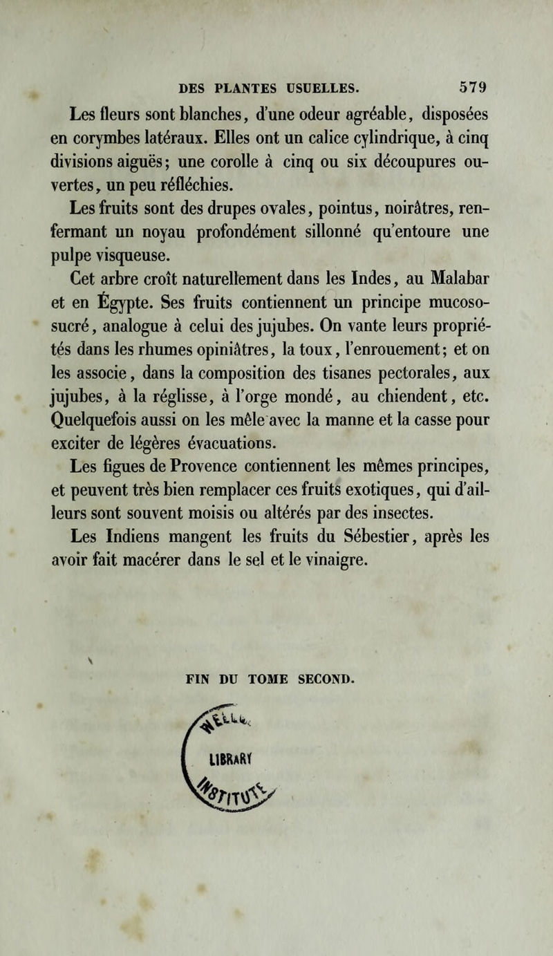 Les fleurs sont blanches, d’une odeur agréable, disposées en corymbes latéraux. Elles ont un calice cylindrique, à cinq divisions aiguës ; une corolle à cinq ou six découpures ou¬ vertes, un peu réfléchies. Les fruits sont des drupes ovales, pointus, noirâtres, ren¬ fermant un noyau profondément sillonné qu’entoure une pulpe visqueuse. Cet arbre croît naturellement dans les Indes, au Malabar et en Égypte. Ses fruits contiennent un principe mucoso- sucré, analogue à celui des jujubes. On vante leurs proprié¬ tés dans les rhumes opiniâtres, la toux, l’enrouement; et on les associe, dans la composition des tisanes pectorales, aux jujubes, à la réglisse, à l’orge mondé, au chiendent, etc. Quelquefois aussi on les mêle avec la manne et la casse pour exciter de légères évacuations. Les figues de Provence contiennent les mêmes principes, et peuvent très bien remplacer ces fruits exotiques, qui d’ail¬ leurs sont souvent moisis ou altérés par des insectes. Les Indiens mangent les fruits du Sébestier, après les avoir fait macérer dans le sel et le vinaigre. FIN DU TOME SECOND