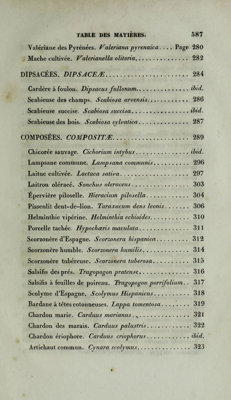 Valériane fies Pyrénées. Valeriana pyrenaica. . . . Page 280 Mâche cultivée. J^alerianella olitoria. 282 DIPSACÉES. DIPSACEÆ. 284 Cardère à foulon. Dipsacus fullonum.ibid. Scabieuse des champs. Scabiosa arvensis. 286 Scabieuse succise. Scabiosa succisa.ibid. Scabieuse des bois. Scabiosa sylvatica. 287 COMPOSÉES. COMPOSITÆ. 289 Chicorée sauvage. Cichorium intybus.ibid. Lampsane commune. Lampsana commuais. 296 Laitue cultivée. Lactuca satioa. 297 Laitron oléracé. Sonchus oleraceus. 303 Épervière piloselle. Hieracium pilosella. 304 Pissenlit dent-de-lion. Taraxacum dcns leonis. 306 Helminthie vipérine. Helminthia echioides. 310 Porcelle tachée. Hypochœris maculala. 311 Scorzonère d’Espagne. Scorzonera hispanica. 312 Scorzonère humble. Scorzonera lmmilis. 314 Scorzonère tubéreuse. Scorzonera tuberosa. 315 Salsifis des prés. Tragopogon pratense. 316 Salsifis à feuilles de poireau. Pragopogon porrifolium. . 317 Scolyme d’Espagne. Scolymus Hispanicus. 318 Bardane à têtes cotonneuses. Lappa tornentosa. 319 Chardon marie. Carduus marianus. v. 321 Chardon des marais. Carduus palustris. .. 322 Chardon ériophore. Carduus criophorus.ibid. Artichaut commun. Cynara scolymus.323