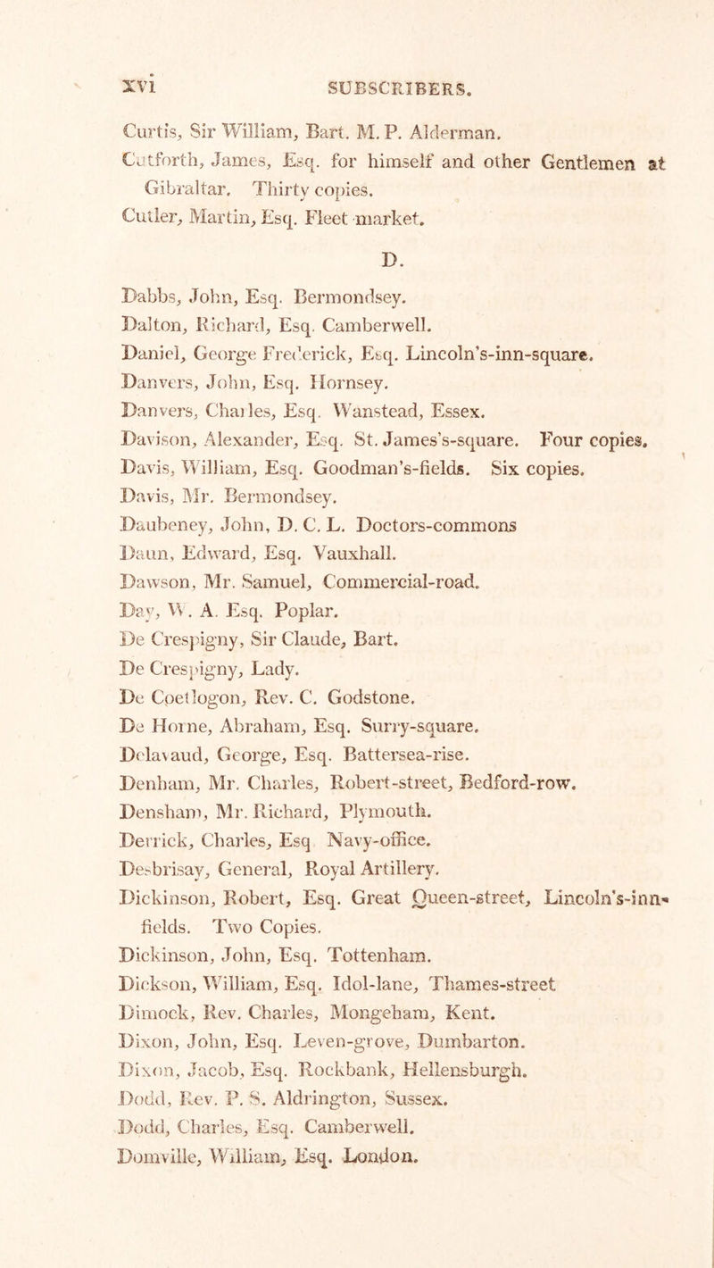 CurtiS;, Sir William, Bart. M. P. Alderman. Cu^tforth, James, Esq. for himself and other Gentlemen at Gibraltar. Thirty copies. Cutler, Martin, Esq. Fleet market. D. Dabbs, John, Esq. Bermondsey. Dalton, Kichard, Esq. Camberwell. Daniel, George Fre(’erick, Esq. Lincoln’s-inn-square. •Danvers, John, Esq. Hornsey. Danvers, Chailes, Esq, Wanstead, Essex. Davison, Alexander, Esq, St, James’s-square. FMur copies. Davis, William, Esq. Goodman’s-fields. Six copies. Davis, Mr. Bermondsey. Daubeney, John, D. C. L. Doctors-commons Daun, Edward, Esq. Vauxhall. Dawson, Mr. Samuel, Commercial-road. Day, W. A. Esq. Poplar. De Crespigny, Sir Claude, Bart. De Crespigny, Lady. De Coel logon. Rev. C. Godstone. De Home, Abraham, Esq. Surry-square. Delavaud, George, Esq. Battersea-rise. Denham, Mr. Charles, Robert-street, Bedford-row. Densham, Mr. Richard, Plymouth. Derrick, Charles, Esq Navy-office. Desbrisay, General, Royal Artillery. Dickinson, Robert, Esq. Great Oueen-street, Lincoln’s-inn-* fields. Two Copies, Dickinson, John, Esq, Tottenham. Dickson, Whlliam, Esq. Idol-lane, Thames-street Dimock, Rev. Charles, Mongeham, Kent. Dixon, John, Esq, Leven-grove, Dumbarton. Dixon, Jacob, Esq, Rockbank, Hellensburgh. Dodd, Rev. P. S. Aldrington, Sussex. Dodd, Charles, Esq. Camberwell. Domville, WAlliam, Esq. London.