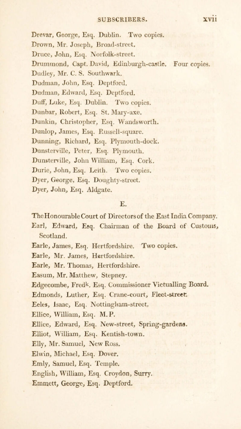 Drevar, George, Esq. Dublin. Two copies. Drown, Mr. Joseph, Broad-street. Druce, John, Esq. Noifolk-street. Drummond, Capt. David, Edinburgh-castle. Four copies. Dudley, Mr. C. S. Southwark. Dudman, John, Esq. Deptford. Dudman, Edward, Esq. Deptford. DulF, Luke, Esq. Dublin. Two copies. Dunbar, Robert, Esq. St. Mary-axe. Dunkin, Christopher, Esq. Wandsworth. Dunlop, James, Esq. R.ussel 1-square. Dunning, Richard, Esq. Plymouth-dock. Dunsterville, Peter, Esq. Plymouth. Dunsterv’ille, John William, Esq. Cork. Durie, John, Esq. Leith. Two copies. Dyer, George, Esq. Doughty-strect. Dyer, John, Esq. Aldgate. E. The Honourable Court of Directors of the East India Company. Earl, Edward, Esq. Chairman of the Board of Customs, Scotland. Earle, James, Esq. Hertfordshire. Two copies. Earle, Mr. James, Hertfordshire. Earle, Mr. Thomas, Hertfordshire. Easura, Mr. Matthew, Stepney. Edgecombe, Fredh, Esq. Commissioner Victualling Board. Edmonds, Luther, Esq. Crane-court, Fleet-street. Eeles, Isaac, Esq. Nottingham-street. Ellice, William, Esq. M. P. Ellice, Edward, Esq. New-street, Spring-gardens. Elliot, William, Esq. Kentish-town. Elly, Mr. Samuel, New Ross. Elwin, Michael, Esq. Dover. Emly, Samuel, Esq. Temple. English, William, Esq. Croydon, Surry. Emmett, George, Esq. Deptford.