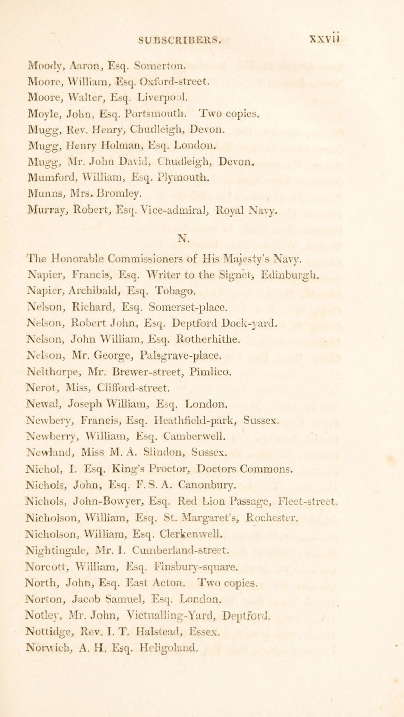 Moody, Aaron, Esq. Soincrton. Moore, ^ViHiam, Esq. Oxford-street. Moore, Walter, Esq. Liverpool. Moyle, Jolm, Esq. Portsmouth, Two copies. Mugg, Rev. Henry, Chiidleigh, Devon. Mugg, Henry Holman, Esq, London. Mugg, Mr. John Da\id, Chudleigh, Devon. Mumford, M'illiain, Esq, Plymouth. Munns, Mrs,. Bromley. Murray, Robert, Esq. Vice-admiral, Royal Navy. N. The Honorable Commissioners of His Majesty’s Navy. Napier, Eranci.s, Esq. AVriter to the Signet, Edinburgh. Na})ier, Archibald, Esq. Tobago. Nelson, Richard, Esq, Somerset-place. Nelson, Robert John, Esq. Deptford Dock-yard. Nelson, John William, Esq. Rotherhithe, Nelson, Mr. George, Palsgrave-place. Nelthorpe, Mr. Brewer-street, Pimlico. Nerot, Miss, Clifford-street, Newal, Joseph William, Esq. London. Newbery, Francis, Esq. Heath{ield-})ark, Sussex. Newberiy, VVdlliam, Esq. Camberwell. Nevvland, Miss M. A. Slindon, Sussex. Nichol, 1. Esq. King’s Proctor, Doctors Commons. Nichols, John, Esq. F. S. A. Canonbury. Nichols, John-Bowyer, Esq. Red Lion Passage, Fleet-street. Nicholson, William, Esq. St. Margaret’s, Ptochestcr. Nicholson, William, Esq. Clerkenwell. Nightingale, Mr, 1. Cumberland-street. Norcott, William, Esq, Finsbury-square. North, John, Esq, East Acton, Two copies. Norton, Jacob Samuel, Esq. London. Notle)', Mr. John, Victualling-Yard, Deptford. Nottidge, Rev. 1. T. Halstead, Essex. Norwich, A. H. Esq. Heligoland.
